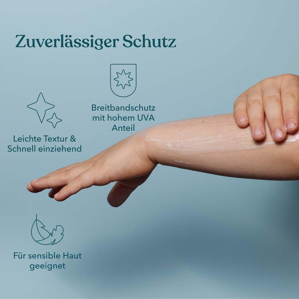 Bras avec crème appliquée. Texte: Texture légère & absorption rapide, convient aux peaux sensibles. Symboles: étoiles, feuilles, protection solaire.