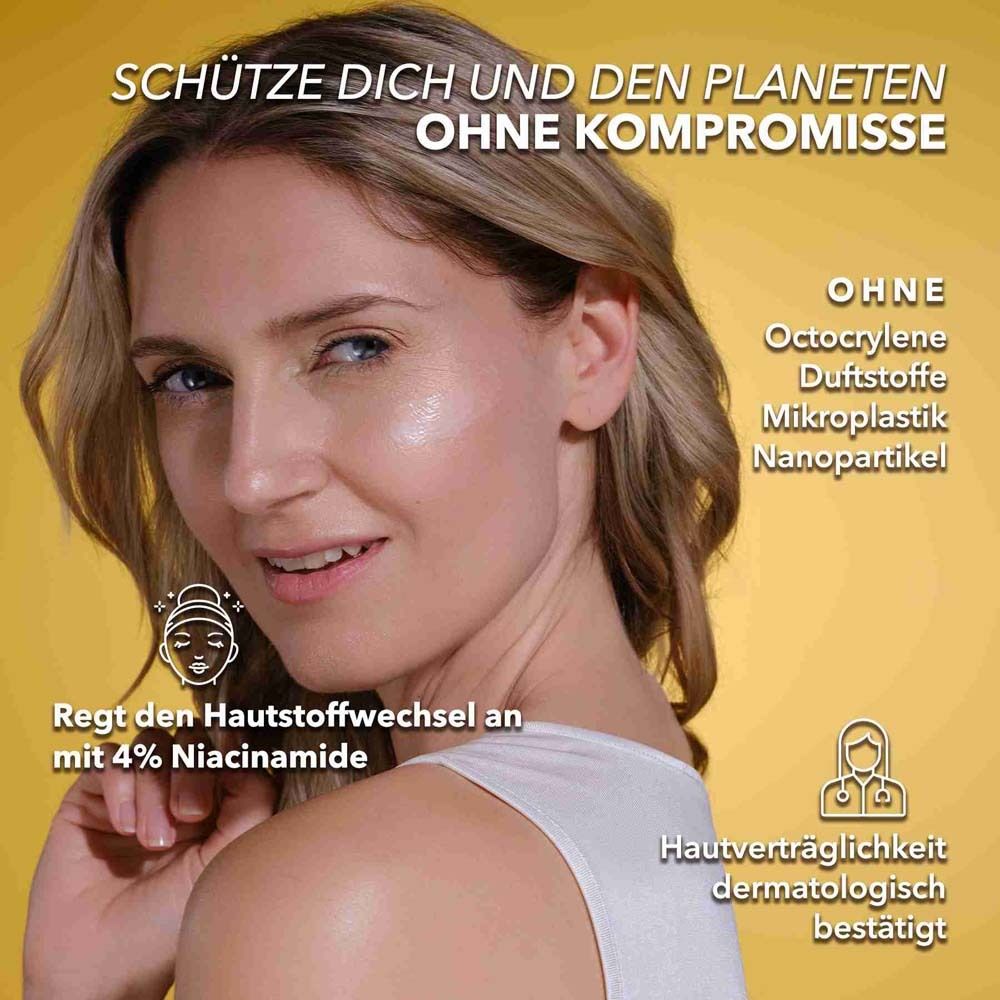Femme avec visage. Texte: Protégez-vous et la planète sans compromis. Sans octocrylène, parfum, microplastiques, nanoparticules. Testé dermatologiquement.