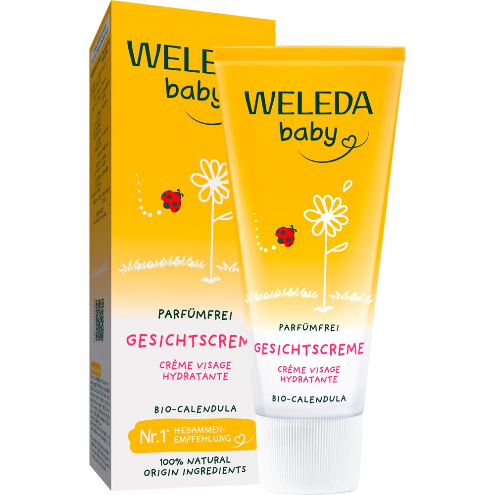 Tube et boîte jaunes. Inscription : WELEDA baby, sans parfum, crème visage. Avec motifs de fleurs et coccinelles.