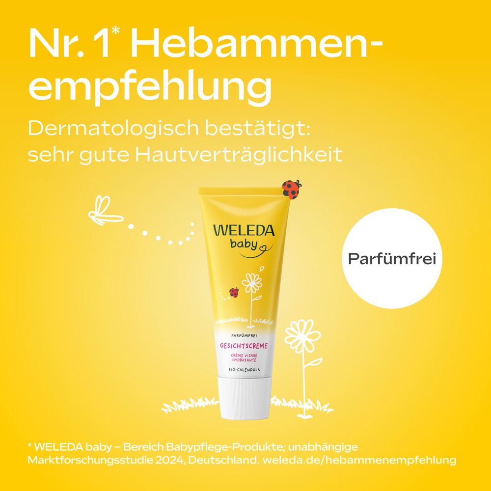 Tube jaune. Inscription : WELEDA baby, sans parfum, crème visage. Recommandation n°1 des sages-femmes.