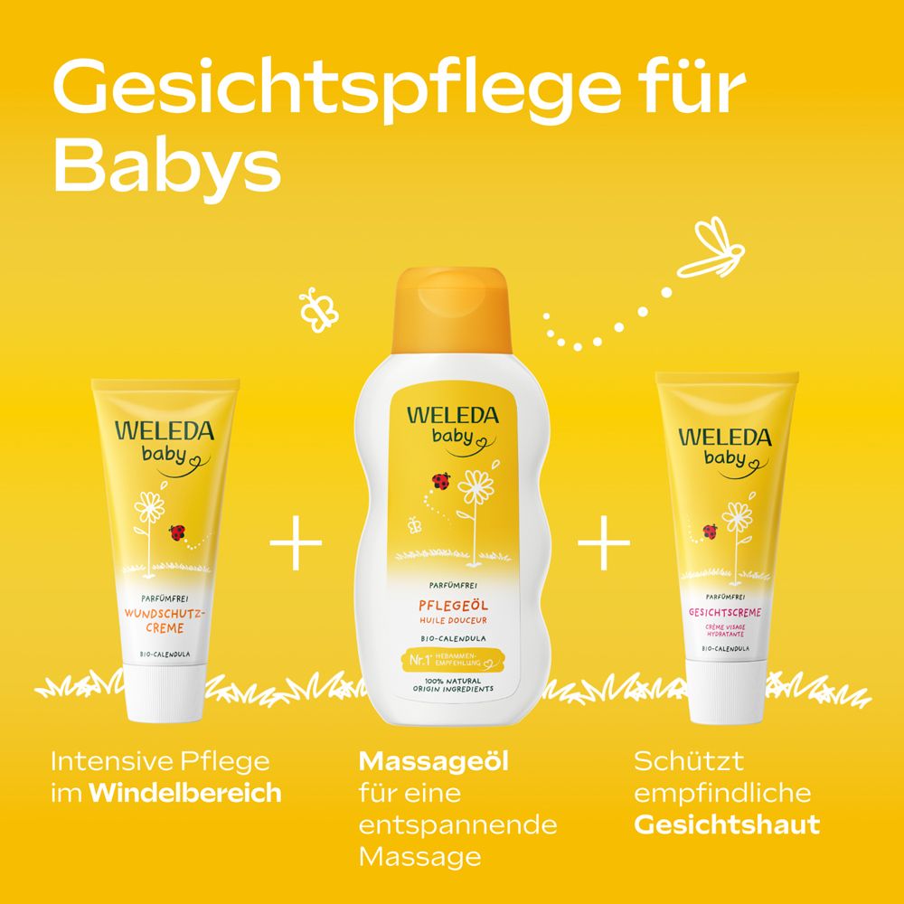 Trois produits sur fond jaune. Soin du visage pour bébés. Produits WELEDA baby.