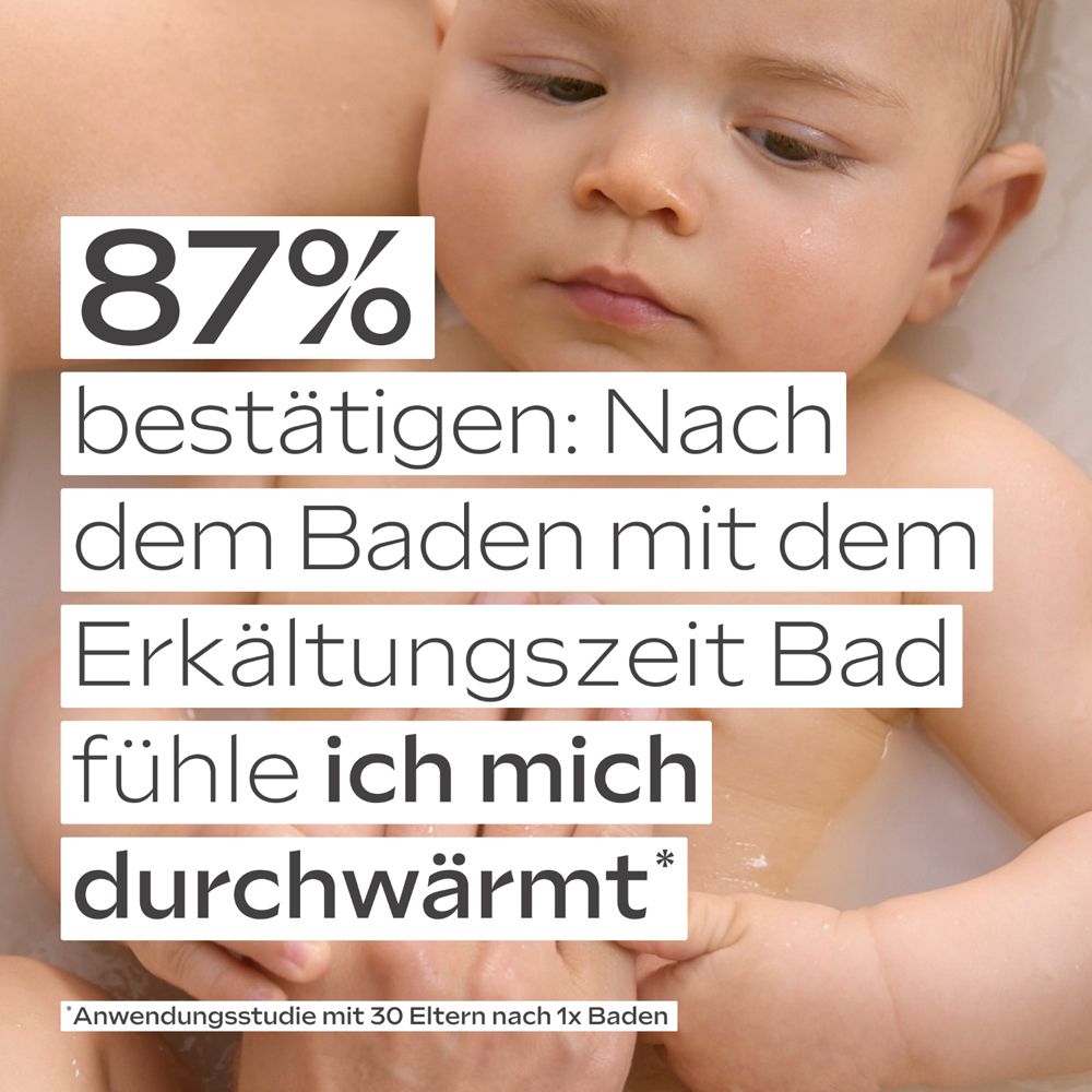 Bébé dans le bain. Texte : 87% confirment : Après le bain, je me sens réchauffé.