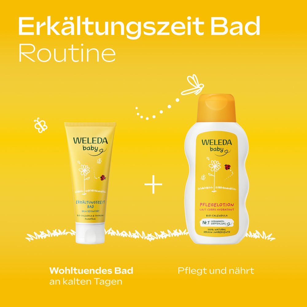 Deux produits. Produit : Weleda Baby Erkältungszeit Bad et lotion. Texte : Bain apaisant.