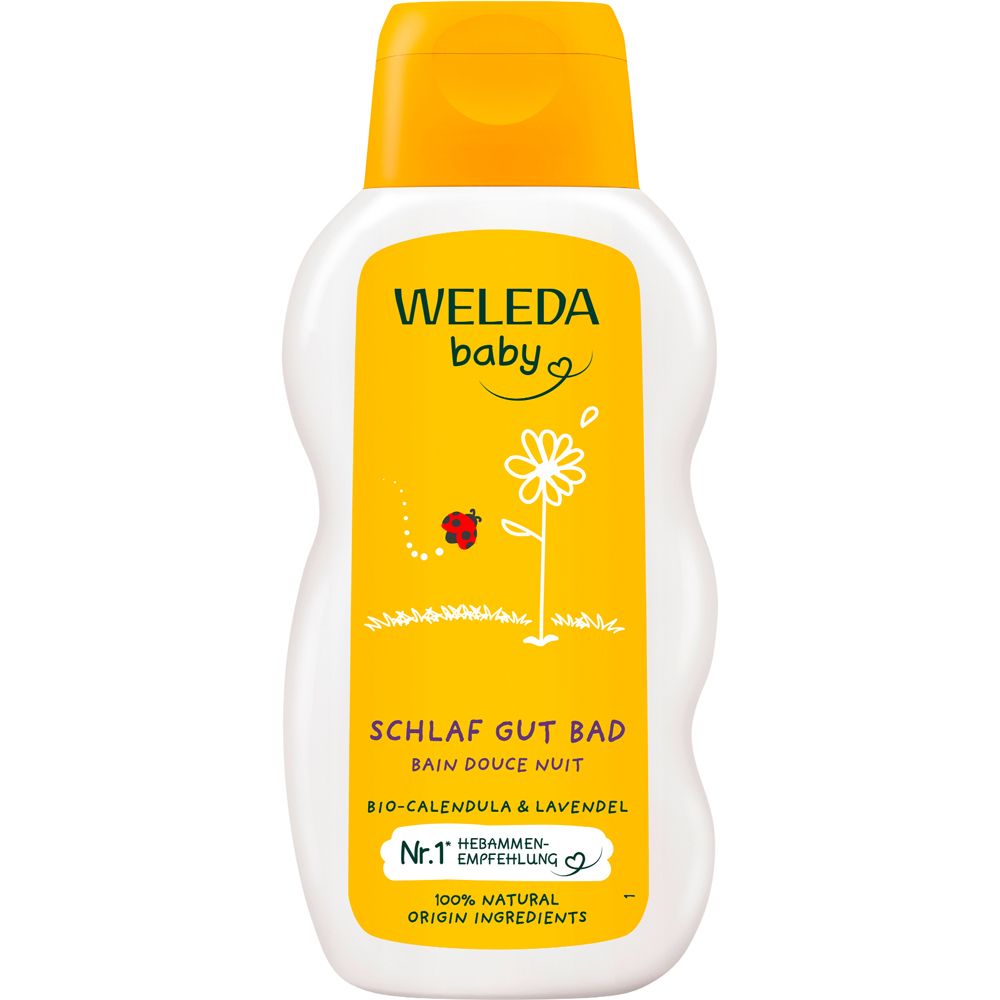 Flacon Weleda Baby Bain Douce Nuit. Jaune et blanc, logo et nom du produit. Contient de la calendula bio et de la lavande.