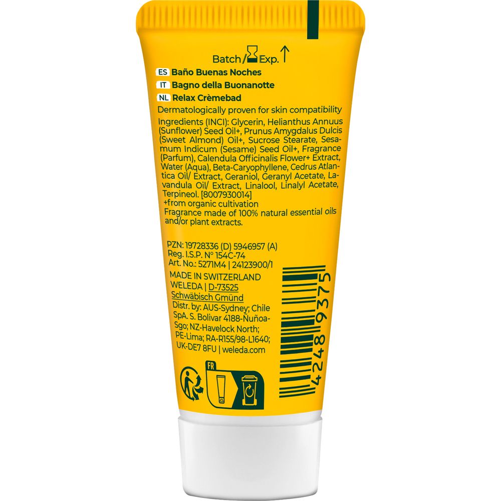 Rückseite der gelben Tube. Text: Inhaltsstoffe, Chargennummer, Herstellerinformationen, Barcode und Qualitätssiegel.