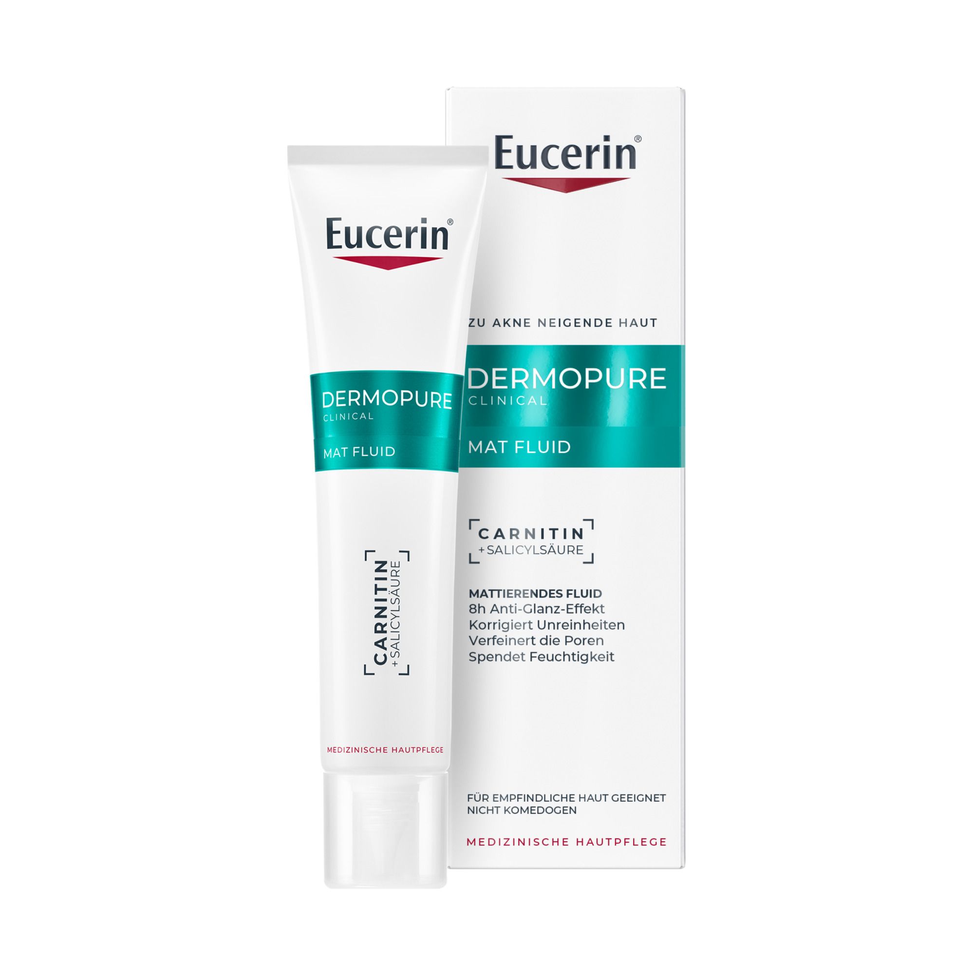 Eucerin DERMOPURE CLINICAL Mat Fluid. Tube et emballage. Texte : CARNITINE, ACIDE SALICYLIQUE, MAT FLUID.