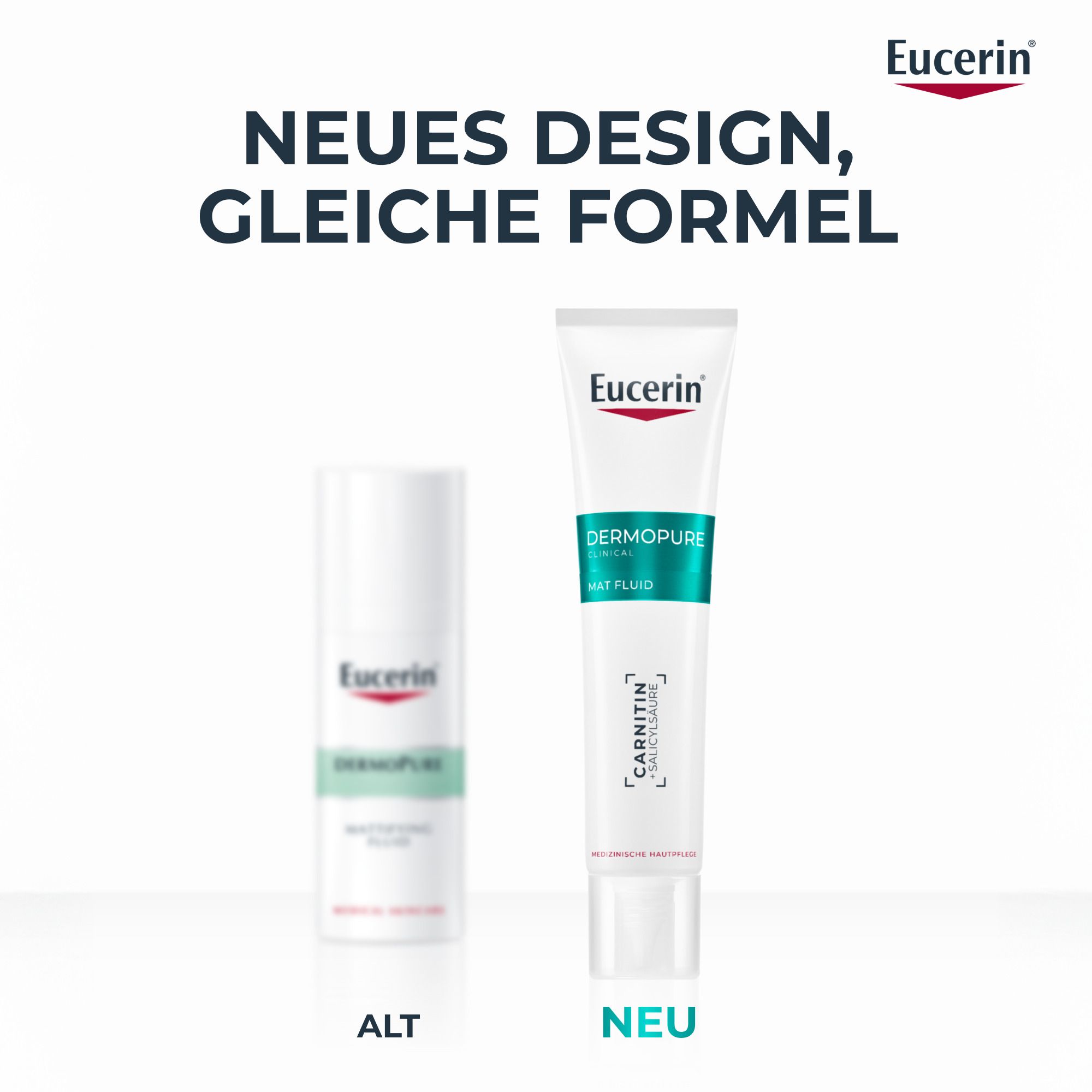 Deux tubes Eucerin DERMOPURE CLINICAL Mat Fluid. Texte : NOUVEAU DESIGN, MÊME FORMULE. Nouveau et Ancien.
