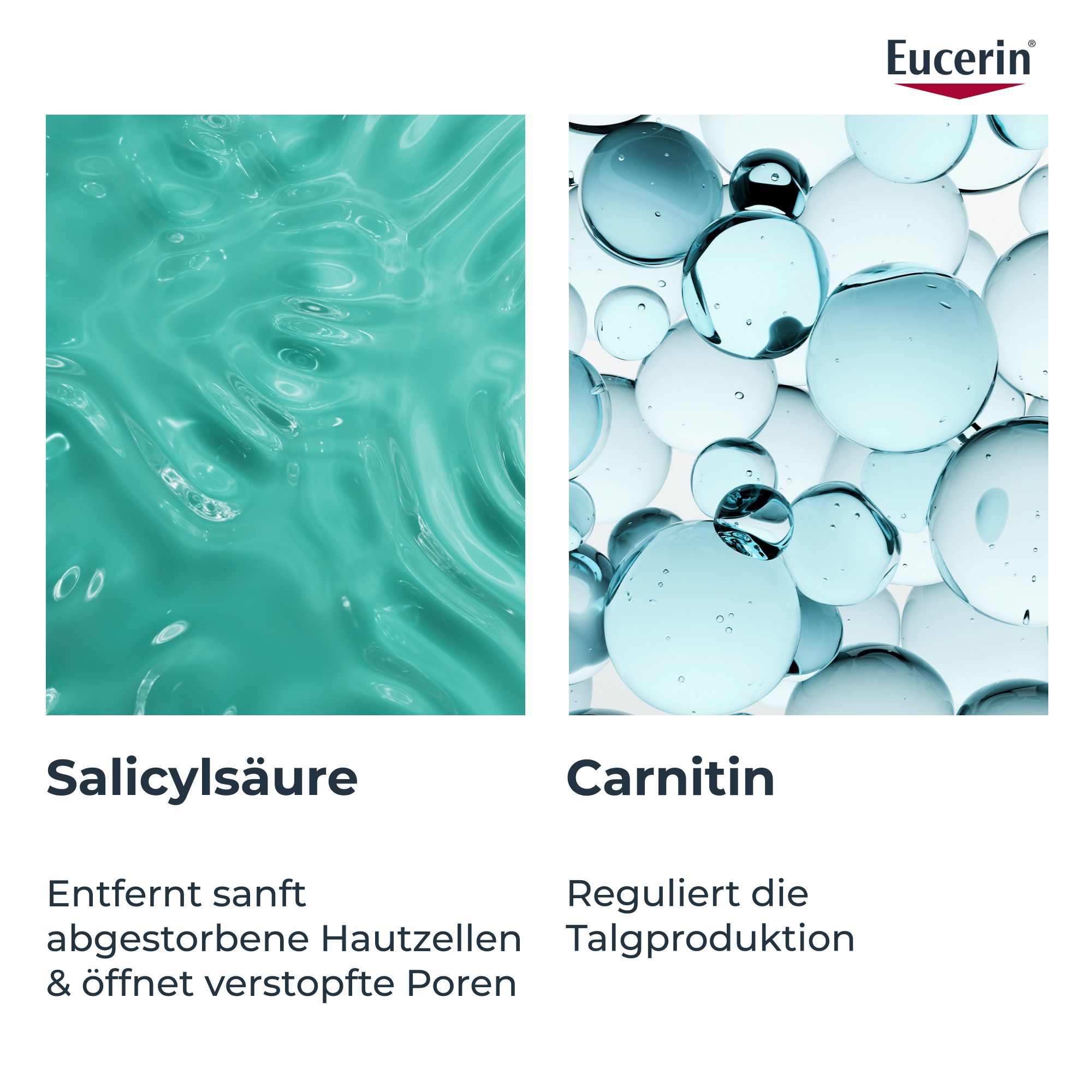Deux illustrations : Acide salicylique et Carnitine. Texte : Élimine en douceur les cellules mortes.