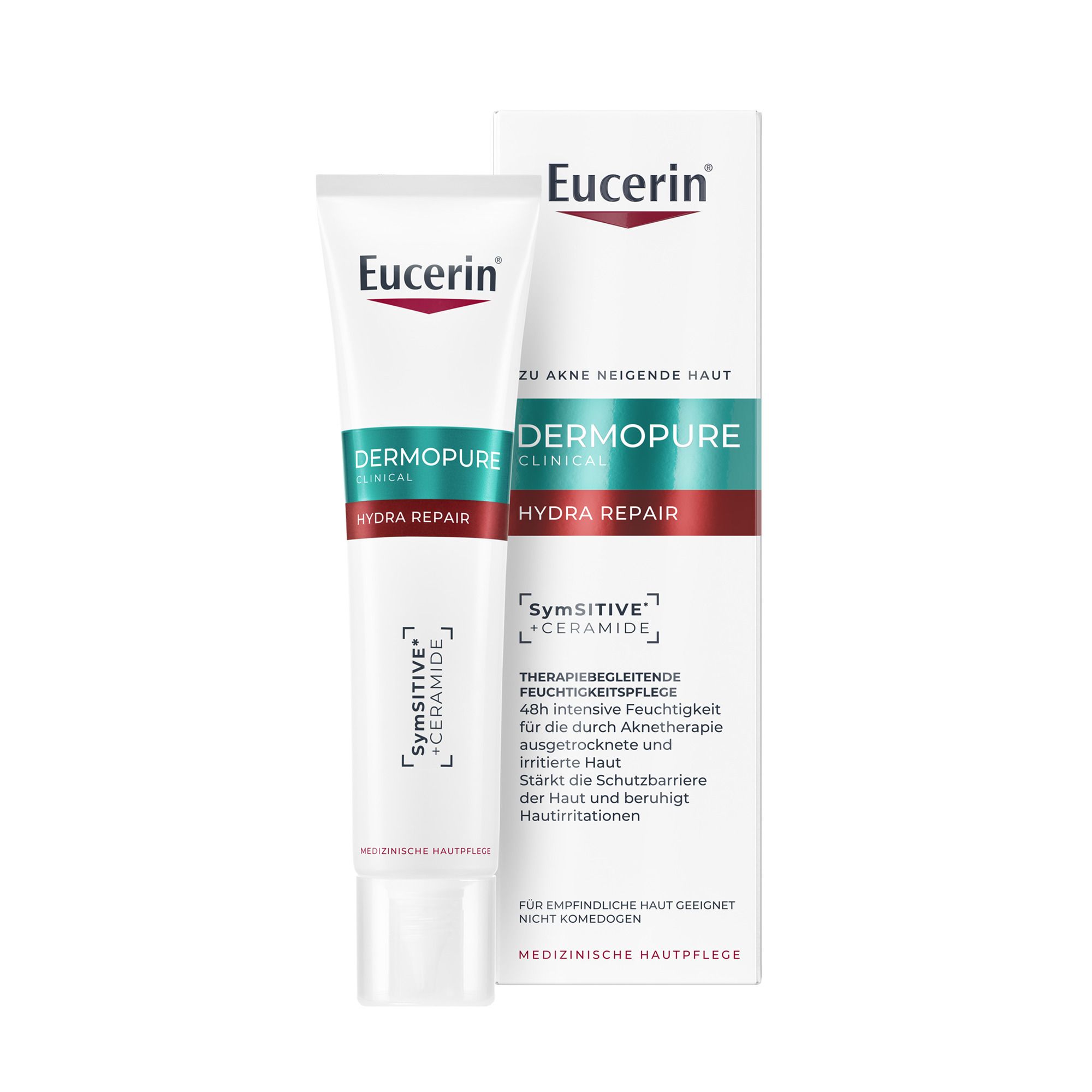 Eucerin® DERMOPURE CLINICAL Hydra Repair Creme. Weiße Tube mit Produkt und Verpackung. Text: DERMOPURE, Hydra Repair, SymSITIVE, Ceramide.