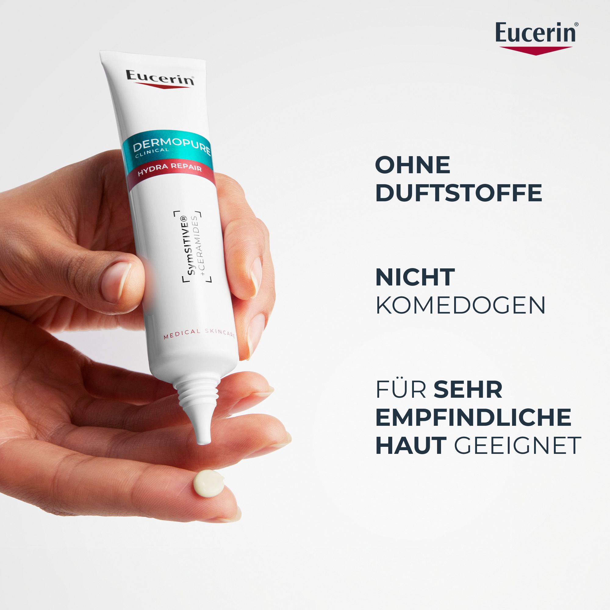Eucerin® DERMOPURE CLINICAL Hydra Repair Creme. Text: Ohne Duftstoffe. Nicht komedogen. Für sehr empfindliche Haut geeignet.