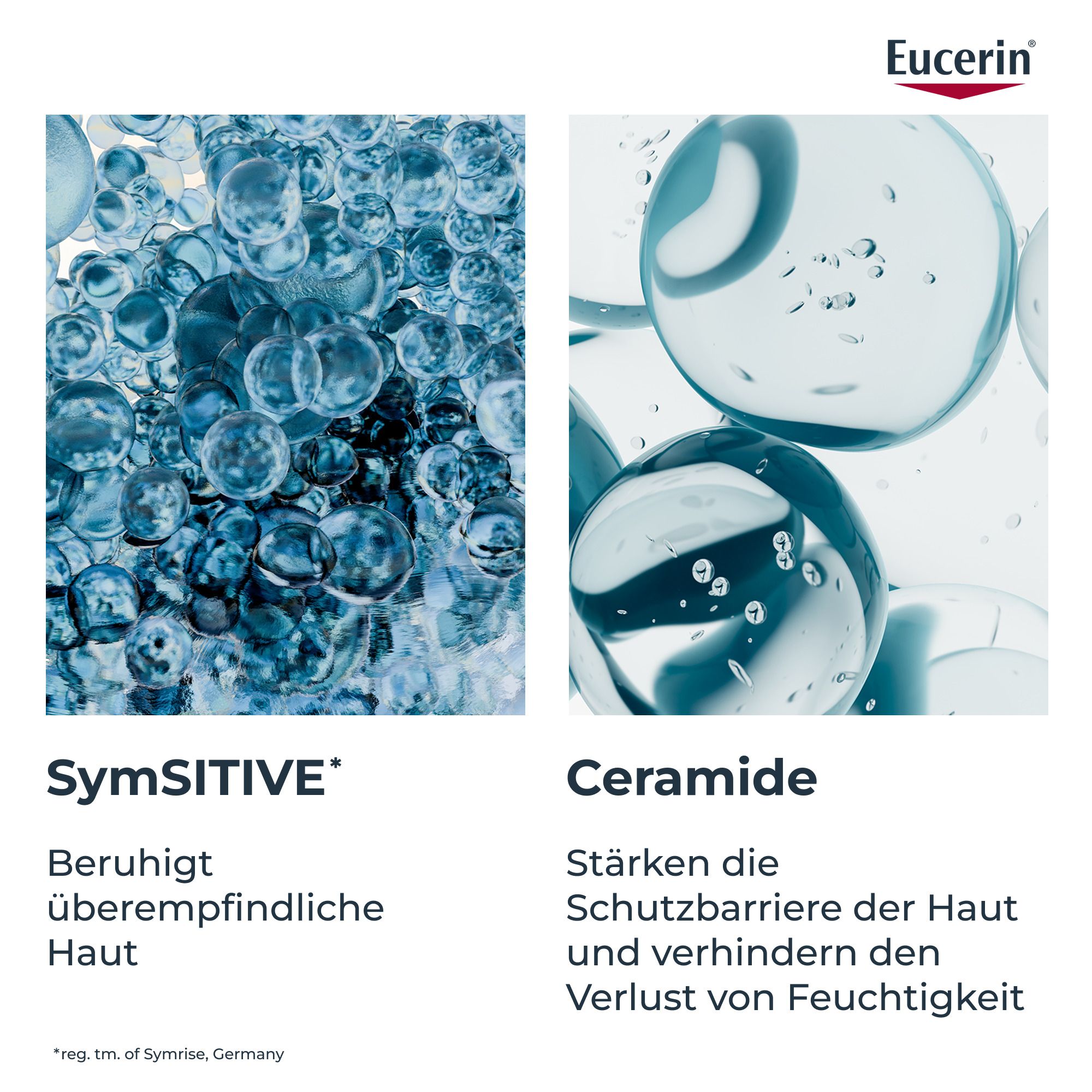 Nahaufnahme von Wasserblasen. Text: SymSITIVE beruhigt überempfindliche Haut. Ceramide stärken die Schutzbarriere und verhindern den Verlust von Feuchtigkeit.