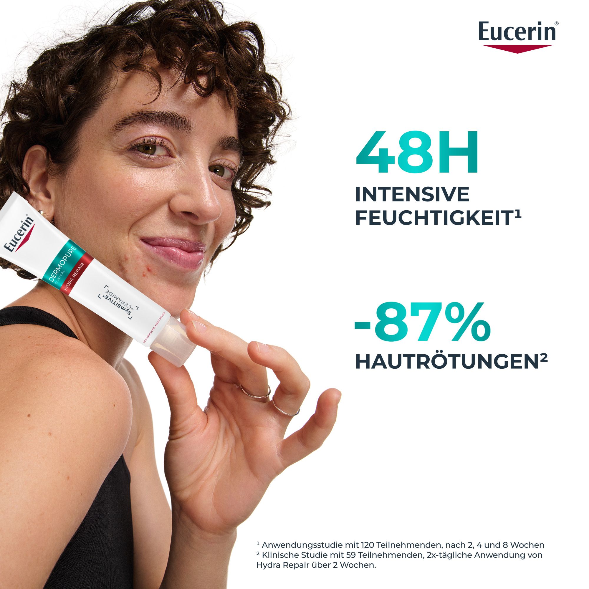 Frau trägt Creme auf. Text: 48H intensive Feuchtigkeit. -87% Hautrötungen.
