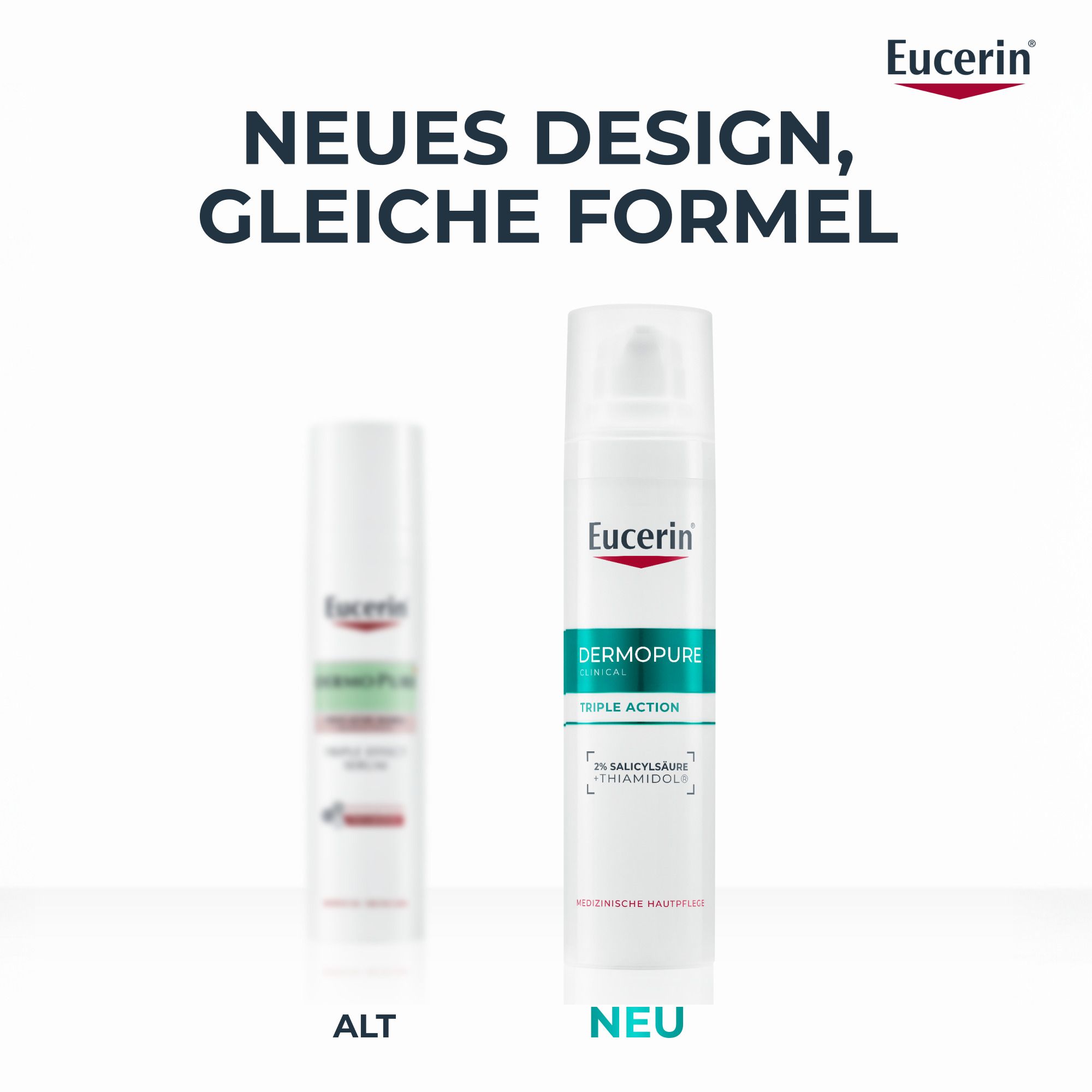Vergleich: Altes und neues Design des Eucerin® DERMOPURE CLINICAL Triple Action Serums. Neues Design: Weiß, grün. Altes Design: Weiß, grün, rot.