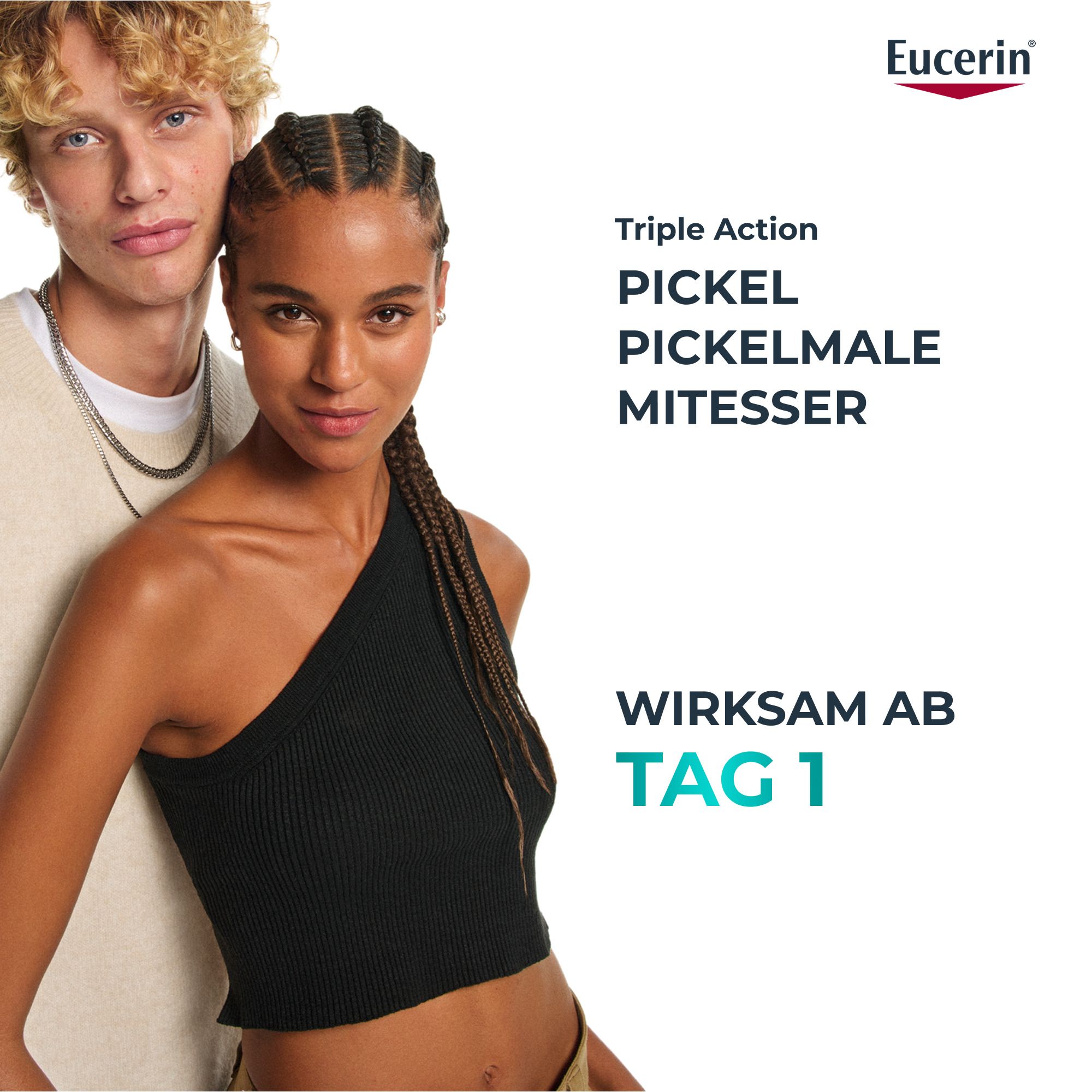 Zwei Personen. Text: Triple Action, Pickel, Pickelmale, Mitesser. Text: Wirksam ab Tag 1.