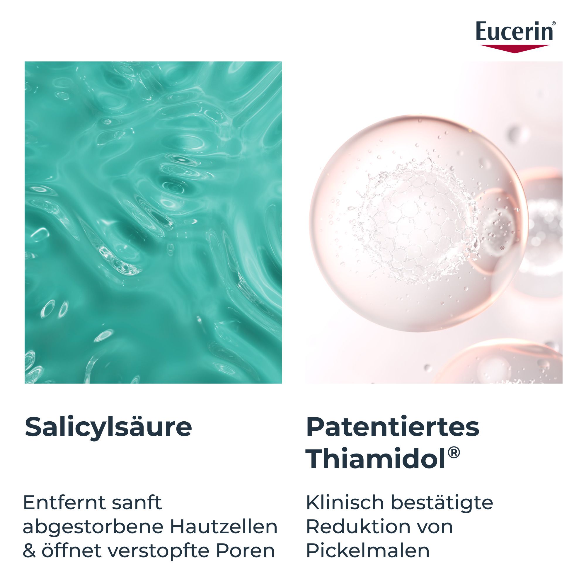 Zwei Bilder: Salicylsäure und patentiertes Thiamidol®. Text: Entfernt sanft Hautzellen, öffnet Poren. Reduziert Pickelmale.