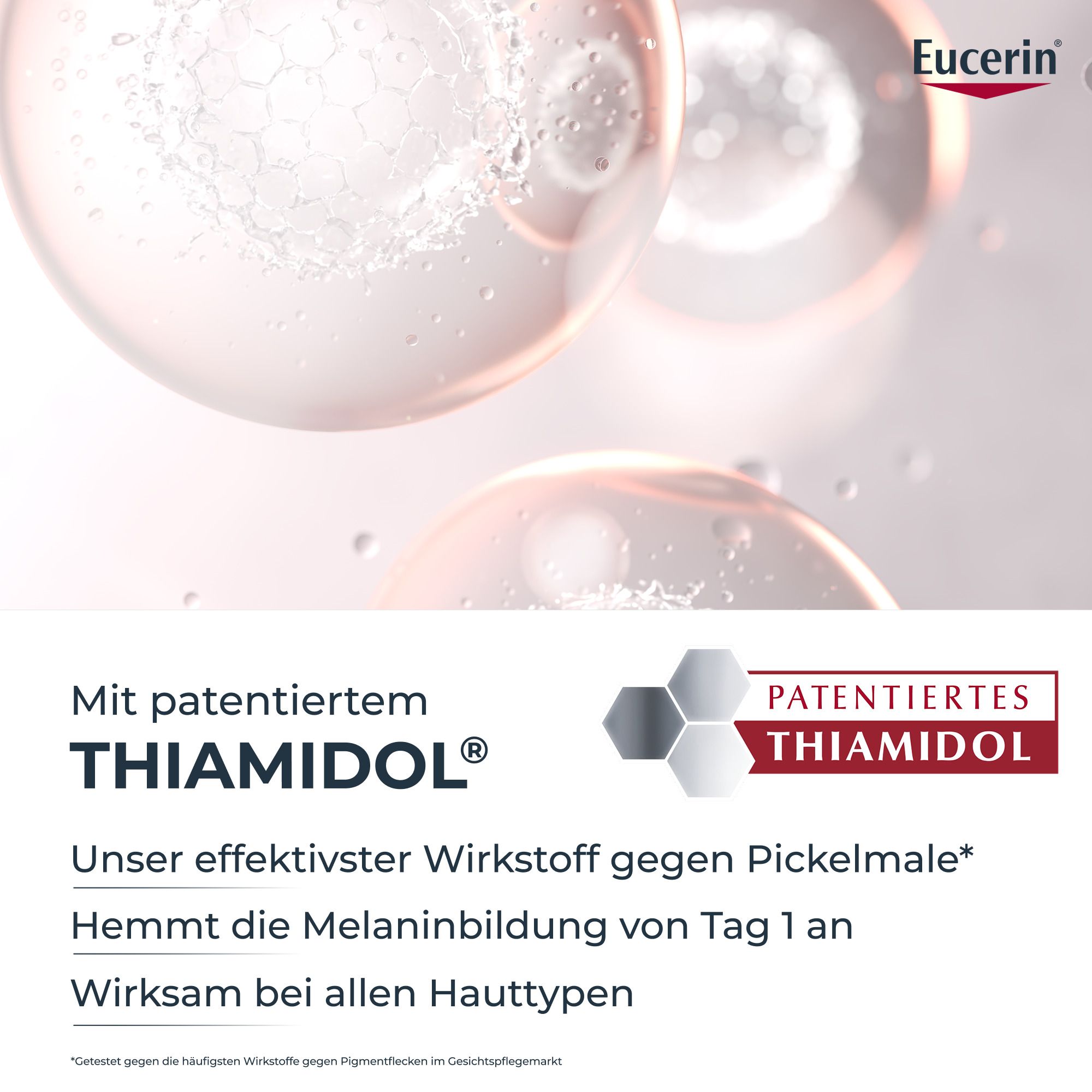 Text: Mit patentiertem Thiamidol®. Unser effektivster Wirkstoff gegen Pickelmale. Hemmt die Melaninbildung. Wirksam bei allen Hauttypen.