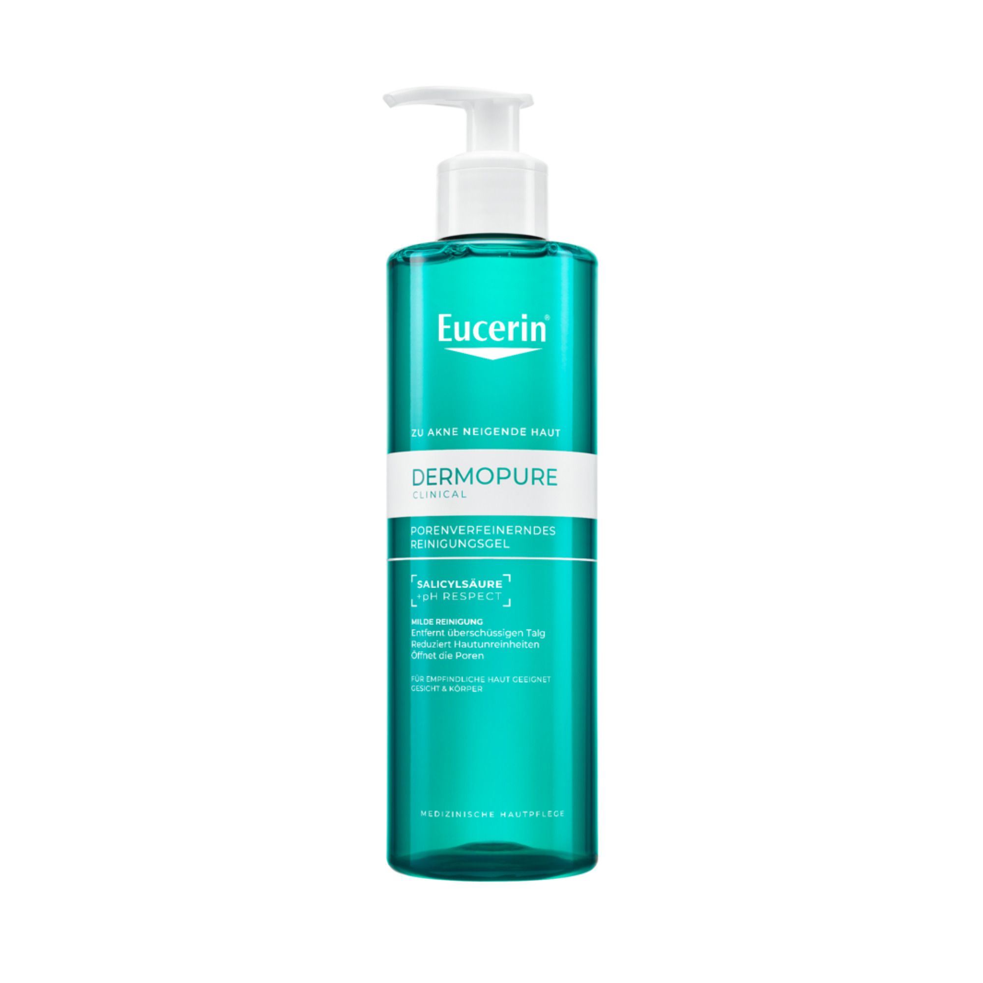 Grüne Flasche mit weißem Pumpkopf. Eucerin DERMOPURE CLINICAL Reinigungsgel. Text.