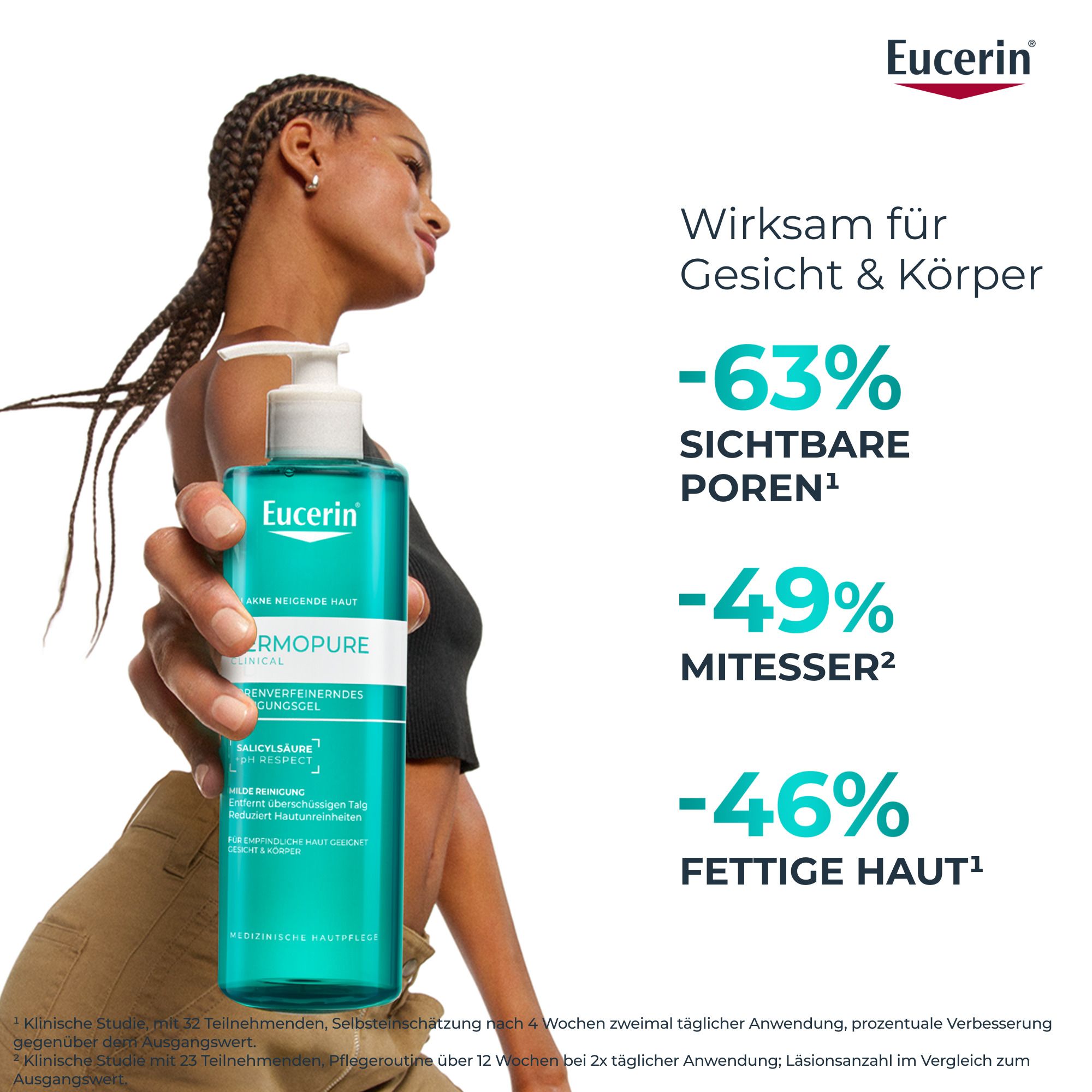 Frau hält Eucerin DERMOPURE CLINICAL Reinigungsgel. Text: -63% sichtbare Poren, -49% Mitesser, -46% fettige Haut.