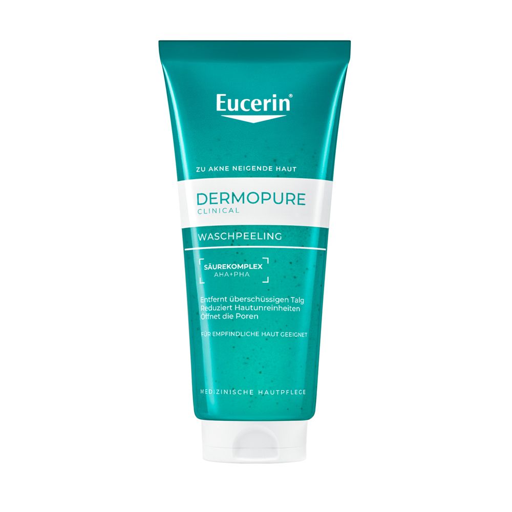 Tube verte Eucerin Dermopure Clinical. Texte: Pour peaux à tendance acnéique. Contient Waschpeeling.