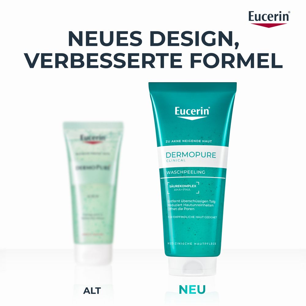 Comparaison : ancien et nouveau design du Eucerin Dermopure Clinical Waschpeeling. Texte : Nouveau design, formule améliorée.