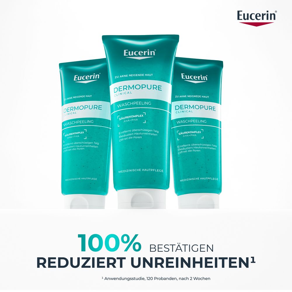 Trois tubes Eucerin Dermopure Clinical Waschpeeling. Texte : 100% confirment réduit les imperfections.