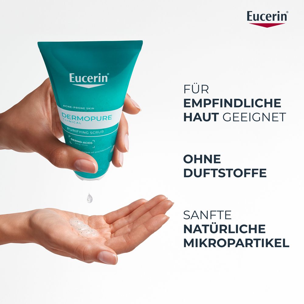Main tenant Eucerin Dermopure Clinical Waschpeeling. Texte : Convient aux peaux sensibles, sans parfum.