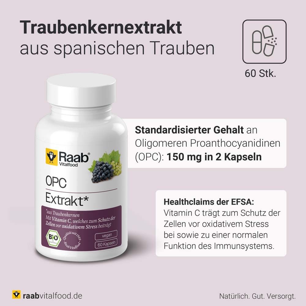 Flacon blanc Raab Vitalfood OPC Extrakt. Texte : Extrait de pépins de raisin de raisins espagnols. 60 gélules. Label bio.