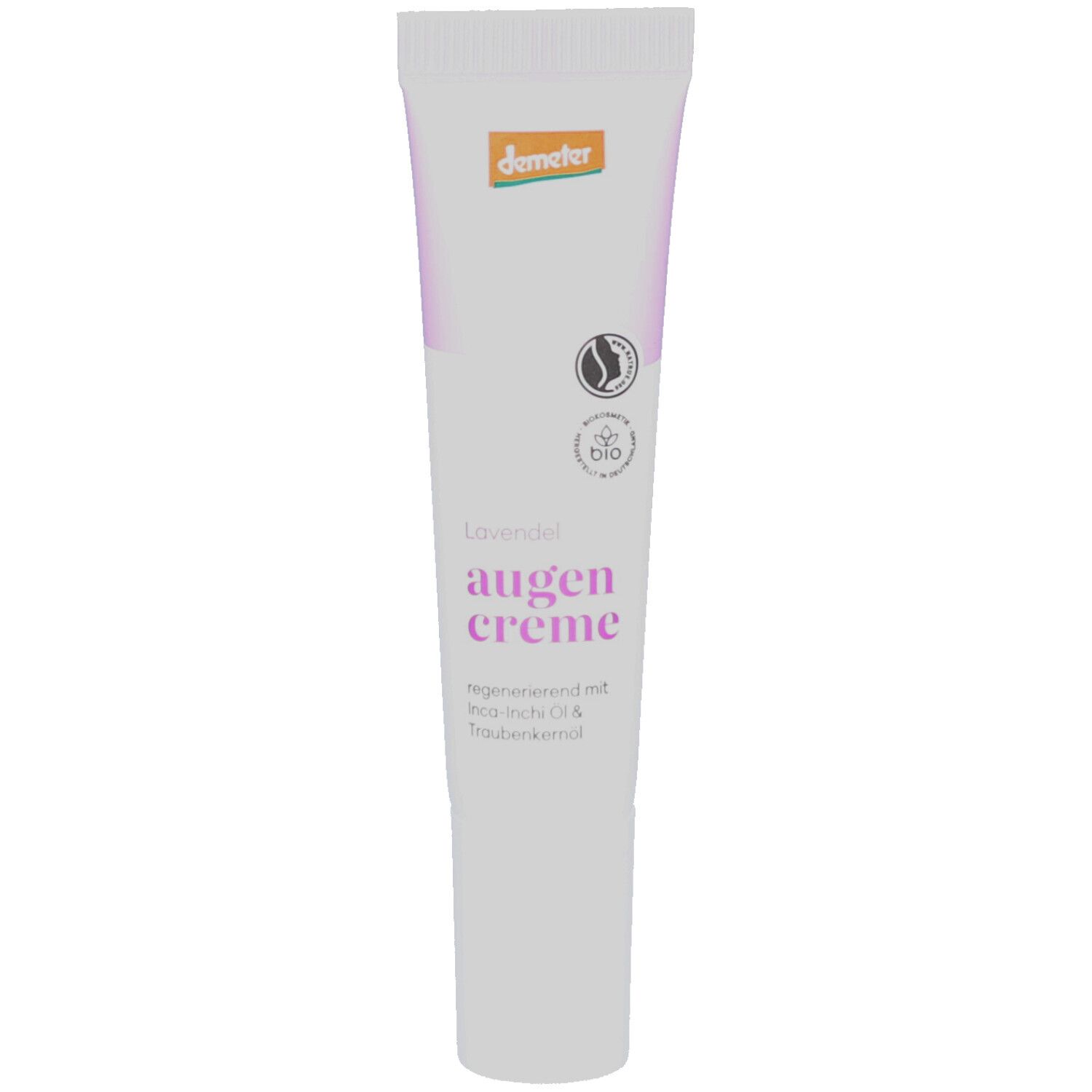 Tube blanche avec accents violets. Inscription: Lavande crème pour les yeux. Logo Demeter et label bio.