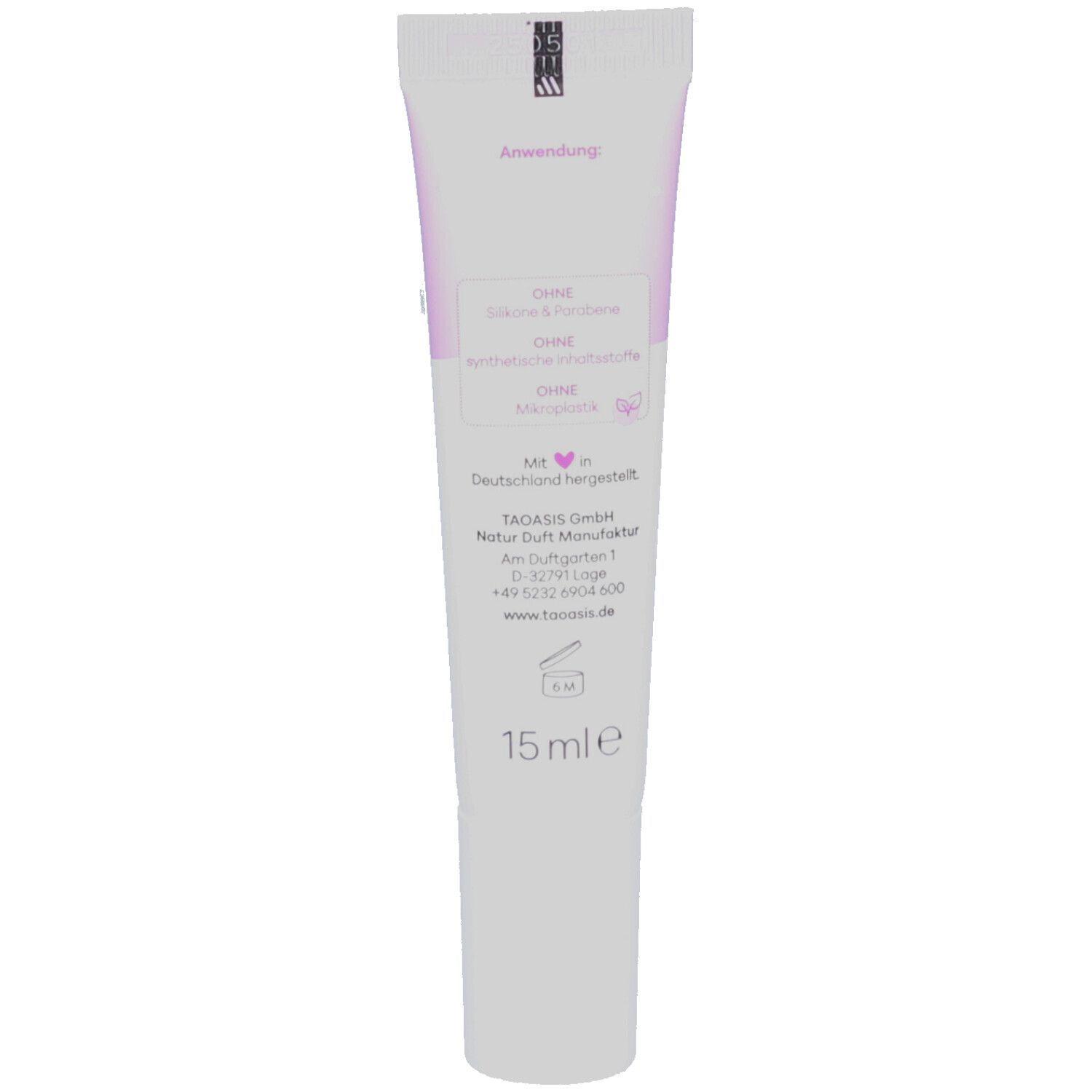 Tube blanc avec accents violets. Inscription: Sans silicones & paraffines, sans parfums synthétiques, sans huiles minérales. 15 ml.