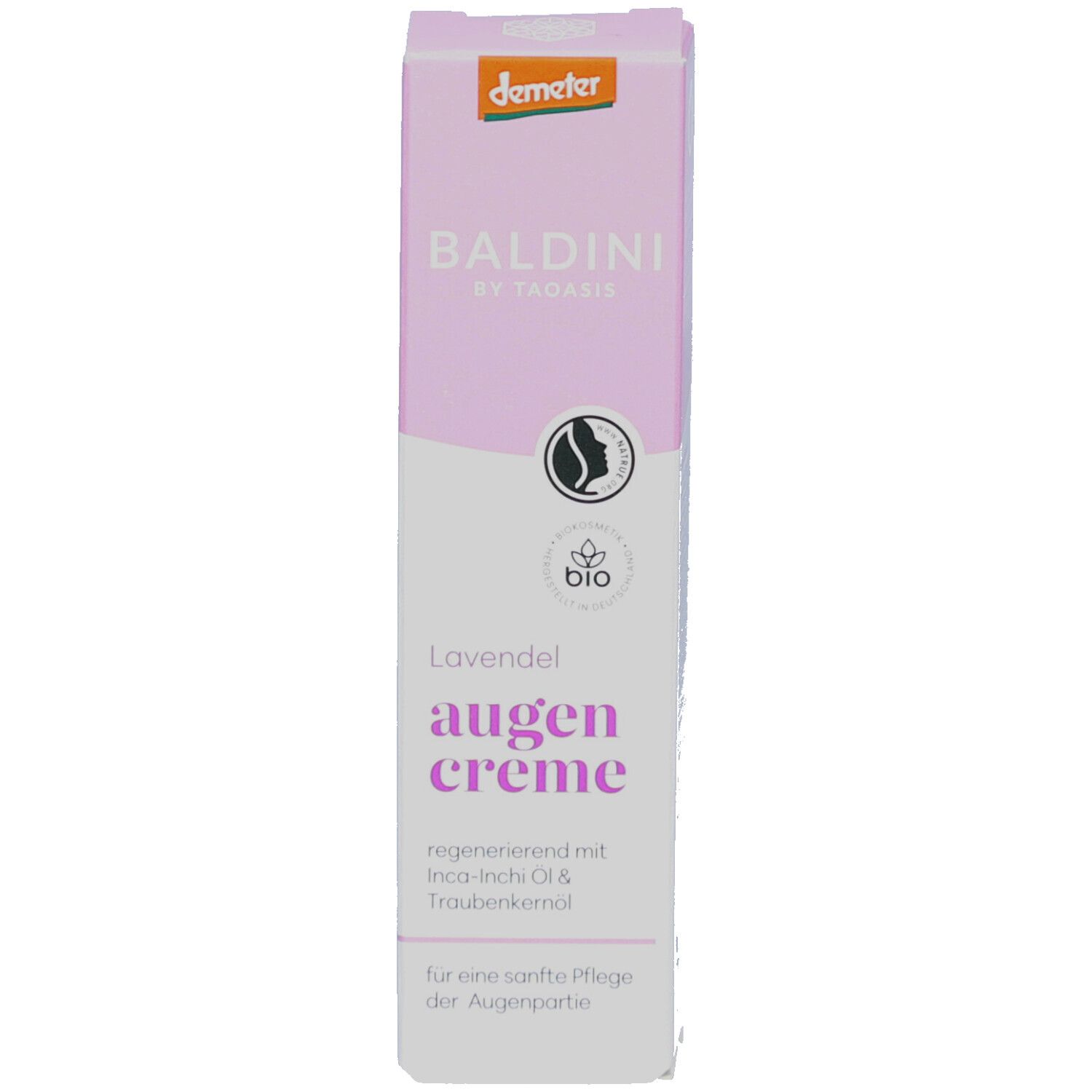Emballage du produit en violet et blanc. Inscription: Baldini Crème pour les yeux à la lavande. Logo Demeter et label bio. Texte: régénérant avec huile Inca-Inchi & pépins de raisin.