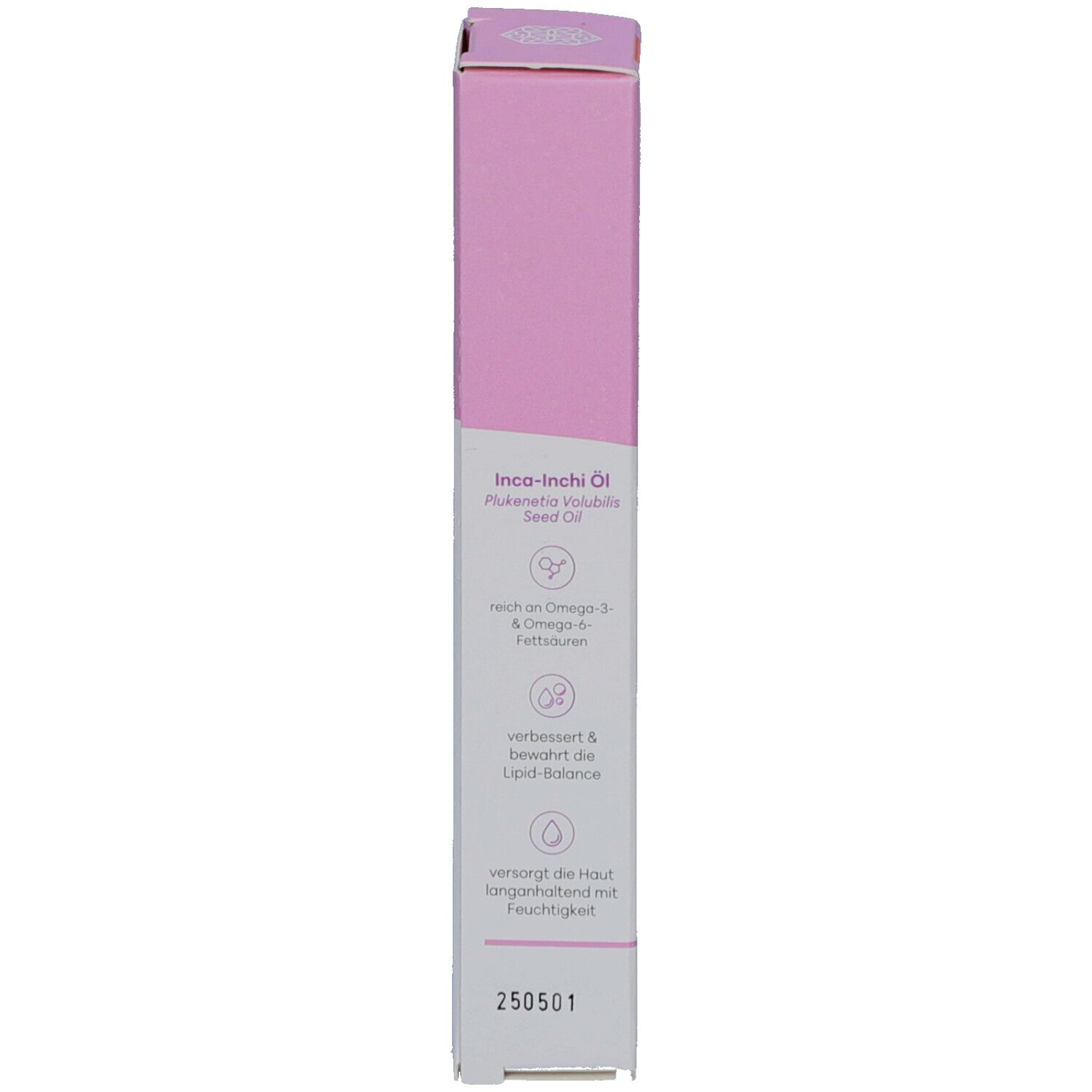 Dos de l'emballage du produit. Texte: Huile Inca-Inchi, riche en acides gras oméga-3 et -6, améliore et préserve l'équilibre lipidique. 250501.
