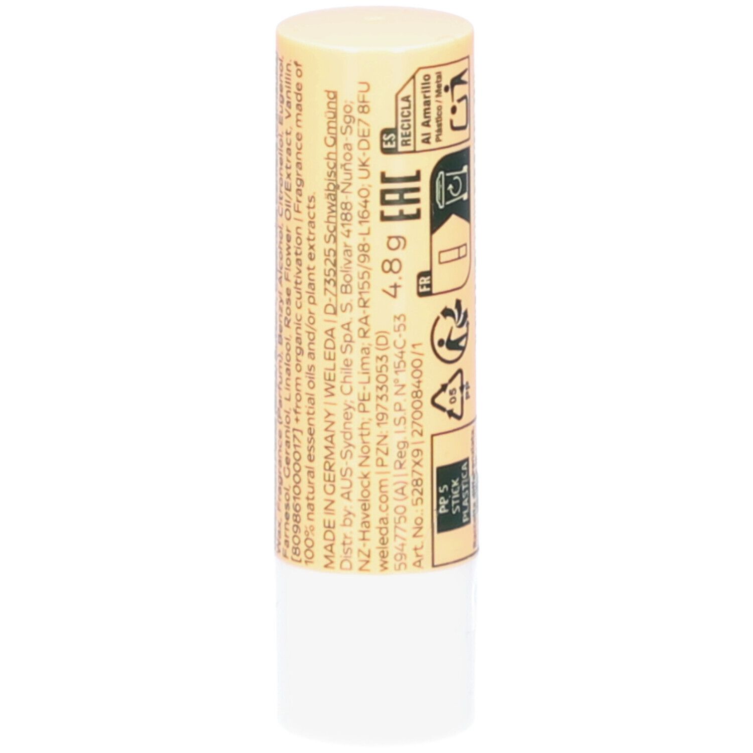 Lippenpflegestift WELEDA Everon. Rückseite mit Text, Recycling-Symbolen und Barcode. Gelb-weißes Design.