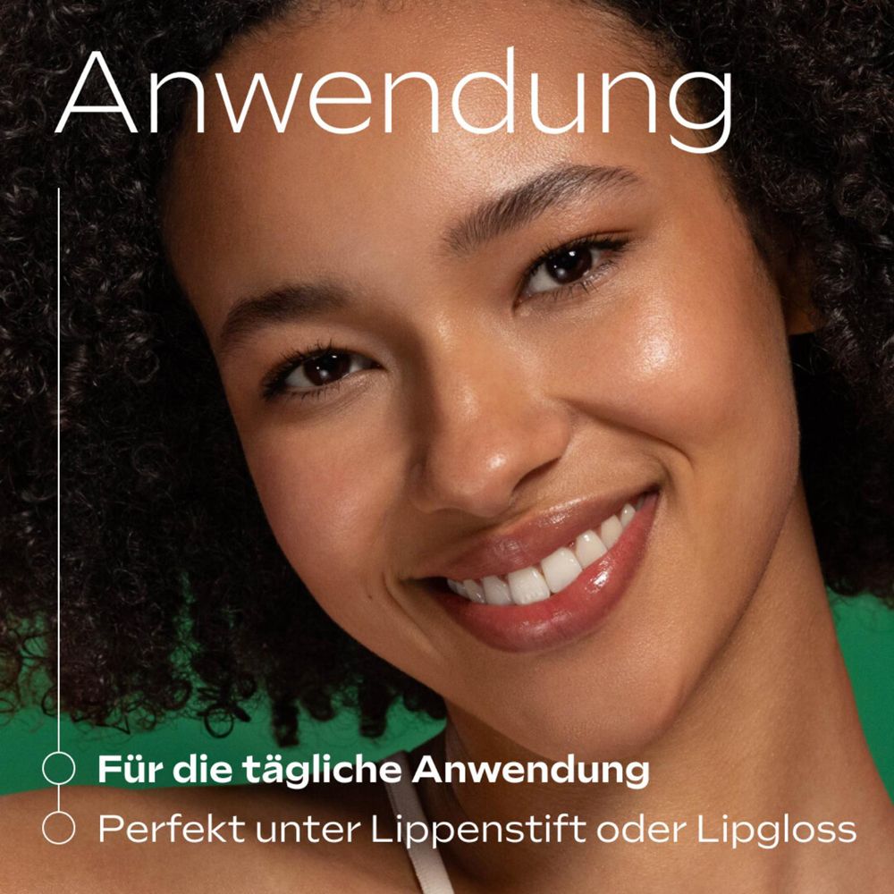 Nahaufnahme eines Gesichts. Text: Anwendung. Für die tägliche Anwendung. Perfekt unter Lippenstift oder Lipgloss.
