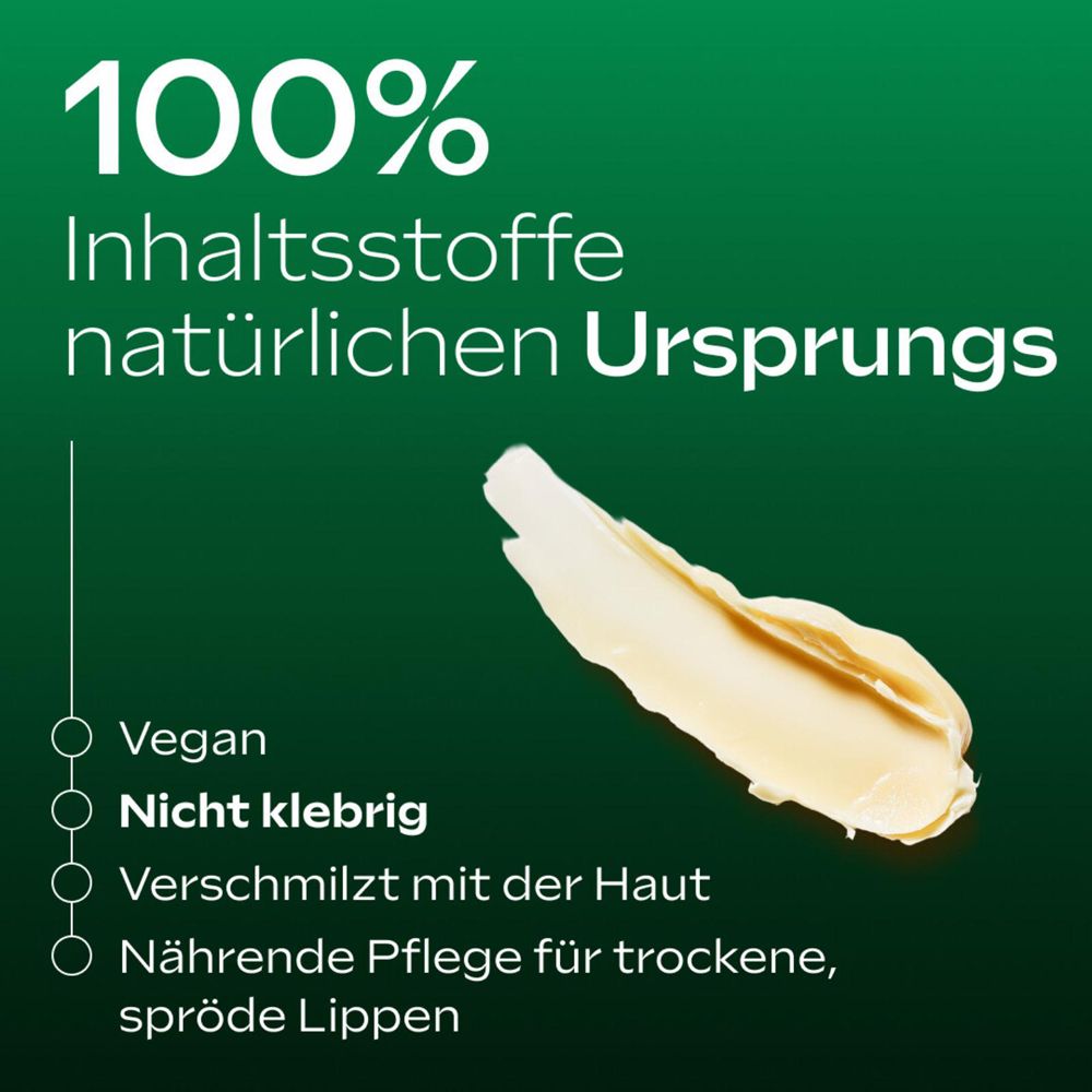 Text: 100% Inhaltsstoffe natürlichen Ursprungs. Vegan. Nicht klebrig. Verschmilzt mit der Haut. Nährende Pflege für trockene, spröde Lippen.