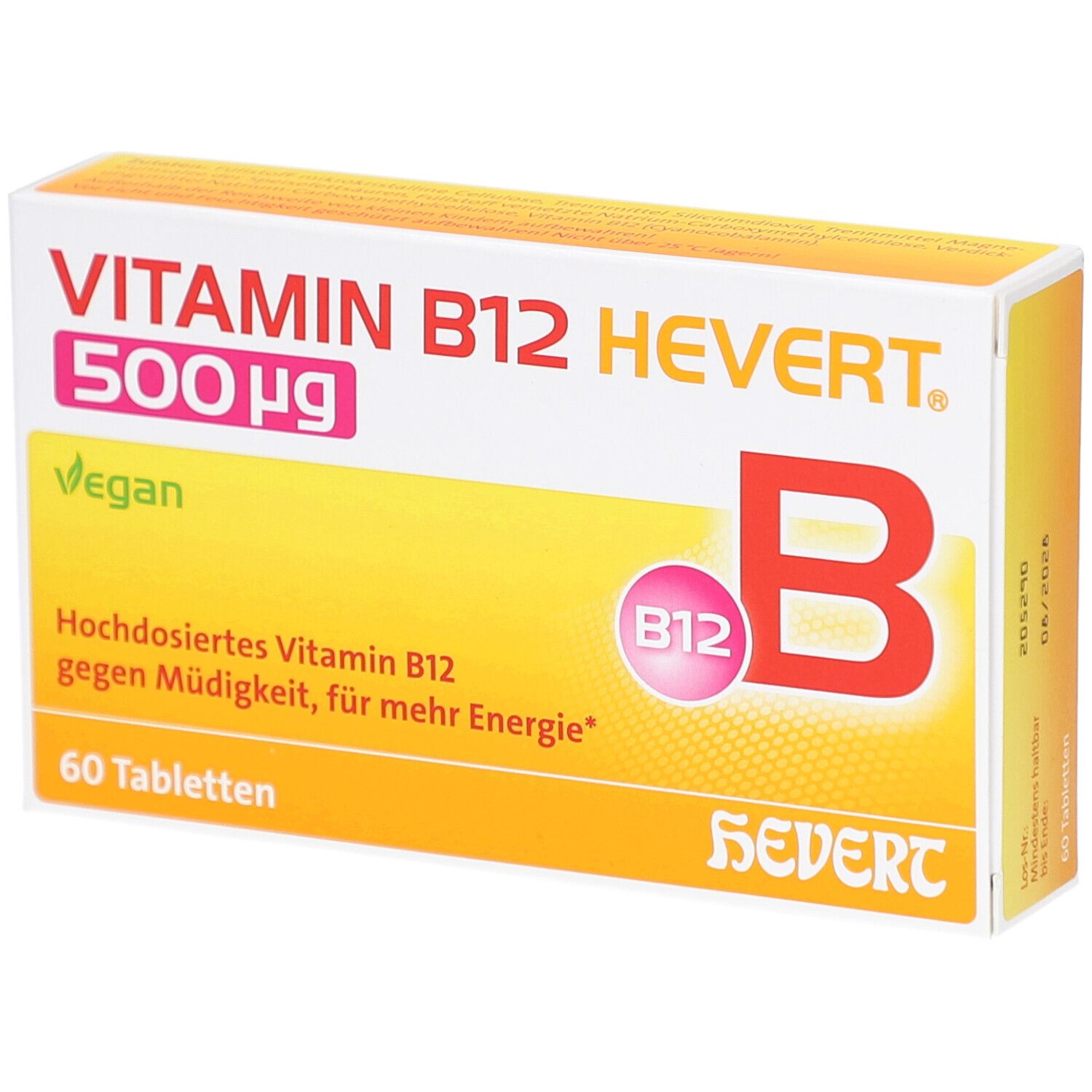 Boîte de comprimés VITAMIN B12 HEVERT 500 µg. Design jaune et blanc avec informations et logo.