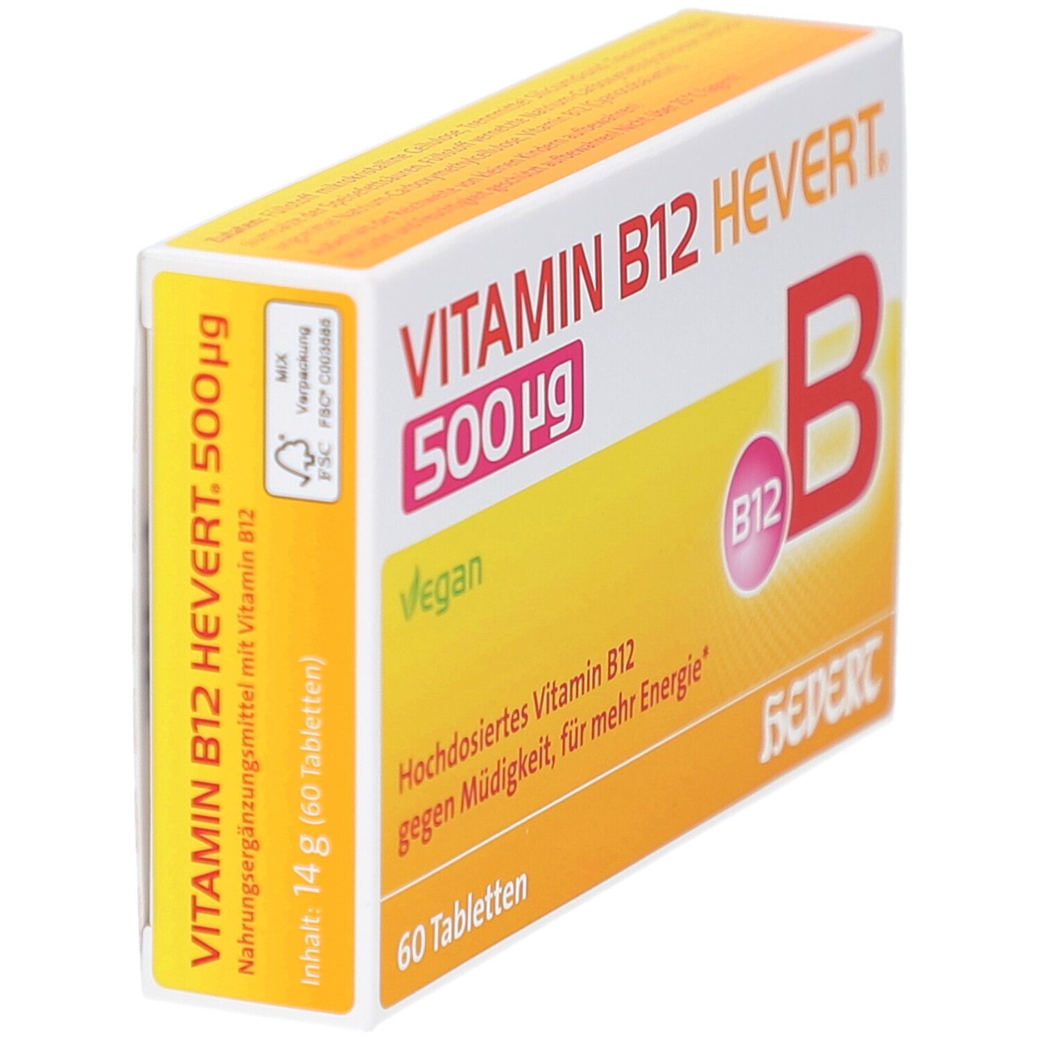 Vue en biais de la boîte de comprimés VITAMIN B12 HEVERT 500 µg. Design jaune et blanc avec informations.