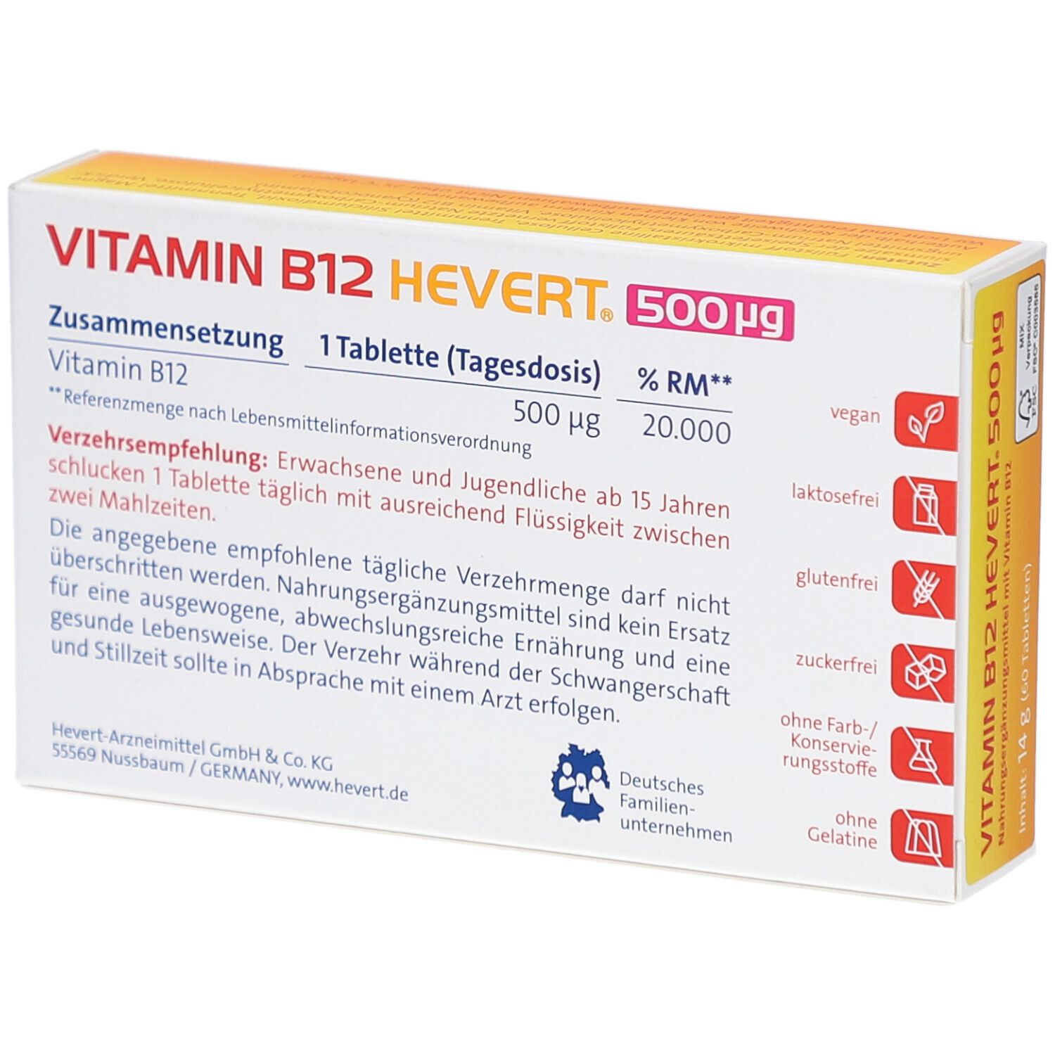 Dos de la boîte de comprimés VITAMIN B12 HEVERT 500 µg. Contient ingrédients, dosage et informations fabricant.
