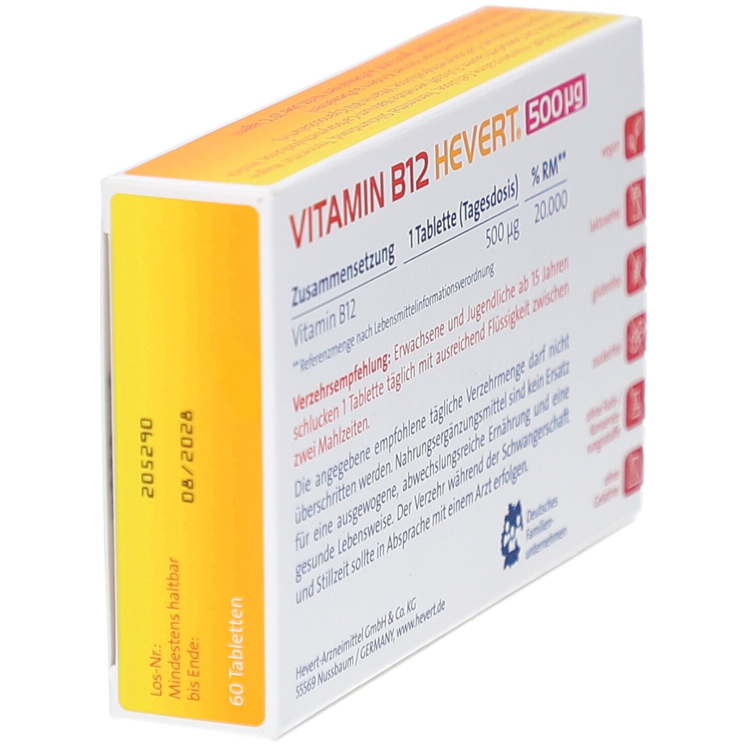 Dos de la boîte de comprimés VITAMIN B12 HEVERT 500 µg. Affiche la date de péremption et le numéro de lot.