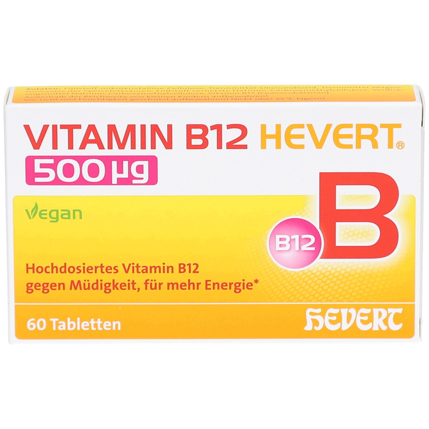 Boîte de comprimés VITAMIN B12 HEVERT 500 µg. Design jaune et blanc avec nom du produit et logo.