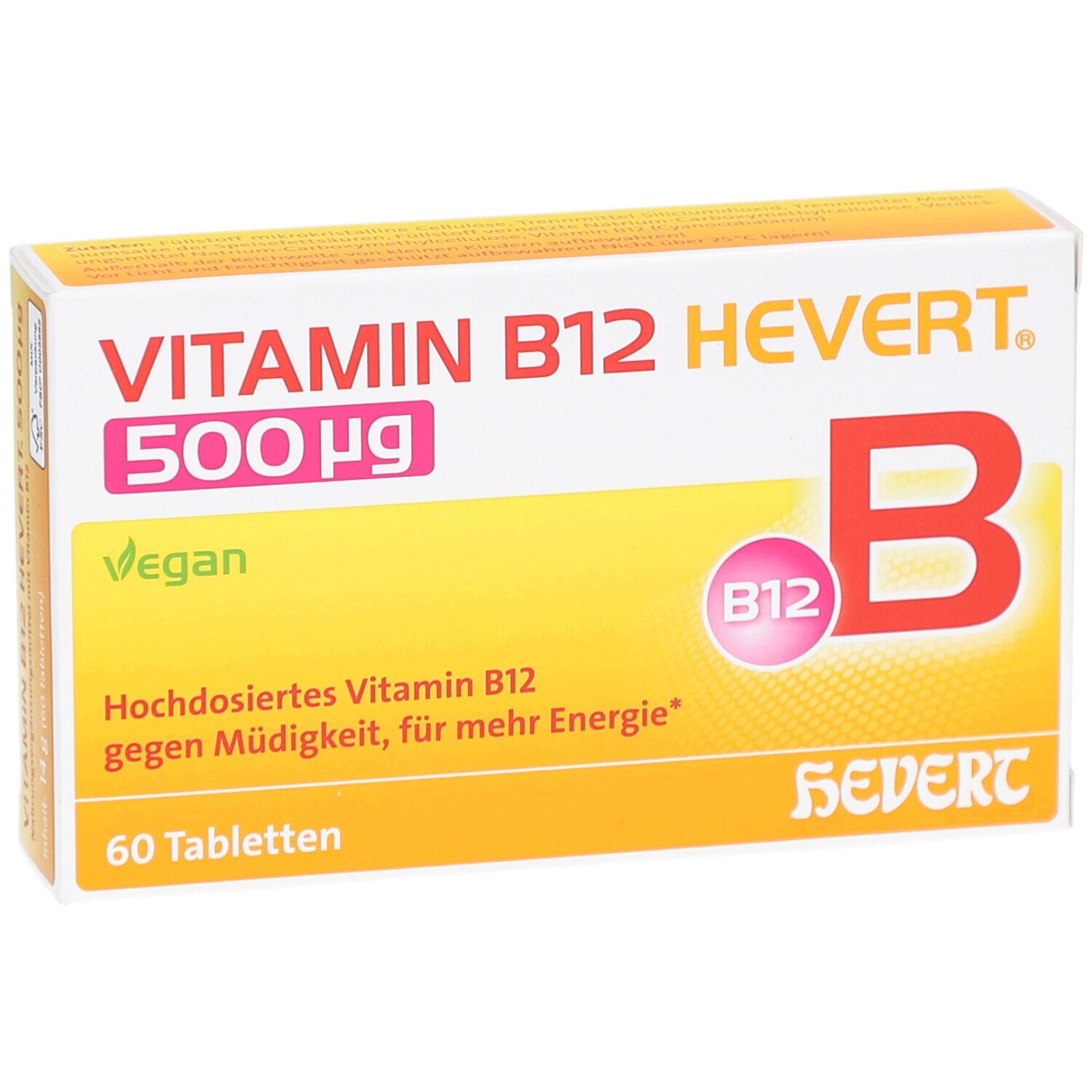 Boîte de comprimés VITAMIN B12 HEVERT 500 µg. Design jaune et blanc avec nom du produit et logo.