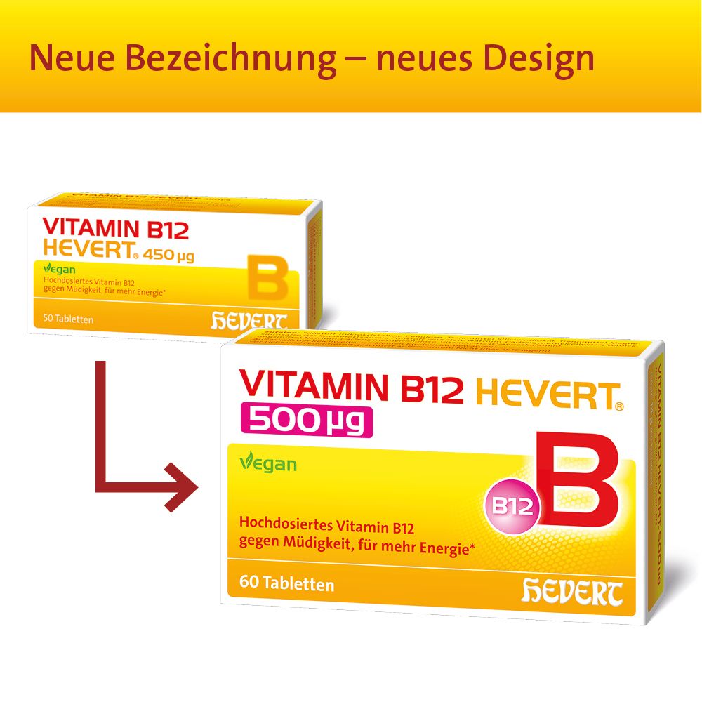 Comparaison de deux boîtes. Une avec 450 µg, l'autre avec 500 µg Vitamin B12 Hevert. 60 comprimés.