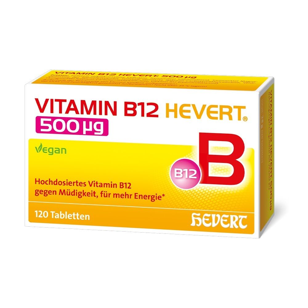 Packung Vitamin B12 Hevert 500 µg, 120 Tabletten, vegan.