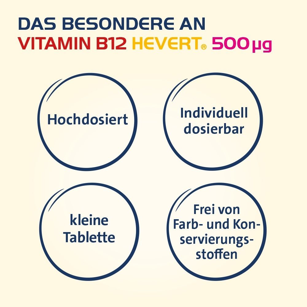 Besonderheiten von Vitamin B12 Hevert 500 µg: hochdosiert, individuell dosierbar, kleine Tablette, frei von Farb- und Konservierungsstoffen.
