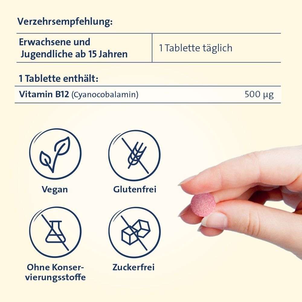 Verzehrempfehlung und Inhaltsstoffe von Vitamin B12 Hevert 500 µg: 1 Tablette täglich, vegan, glutenfrei, zuckerfrei, ohne Konservierungsstoffe.