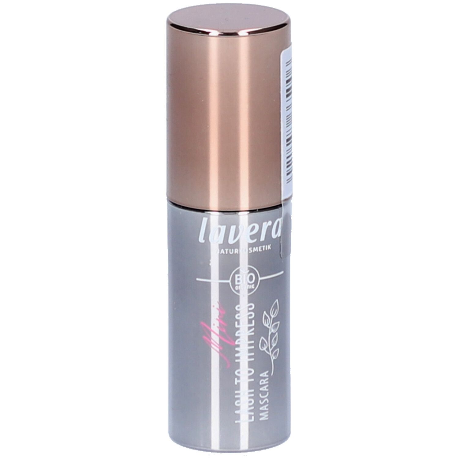 Tube de mascara cylindrique avec bouchon cuivré. Inscription : lavera, Lash To Impress, Mascara. Label bio.