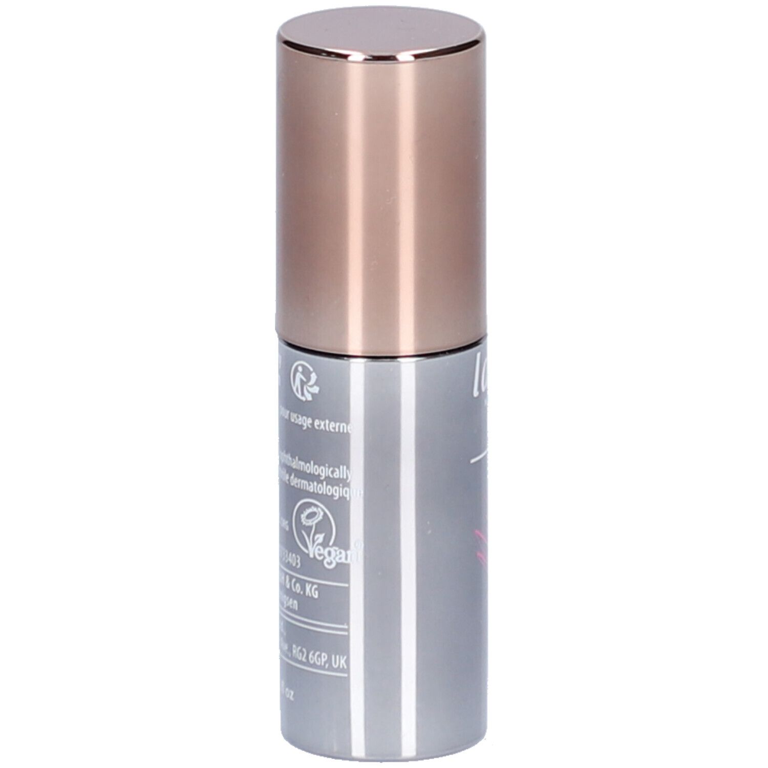 Tube de mascara cylindrique avec bouchon cuivré. Inscription : lavera, label Vegan, informations d'utilisation.