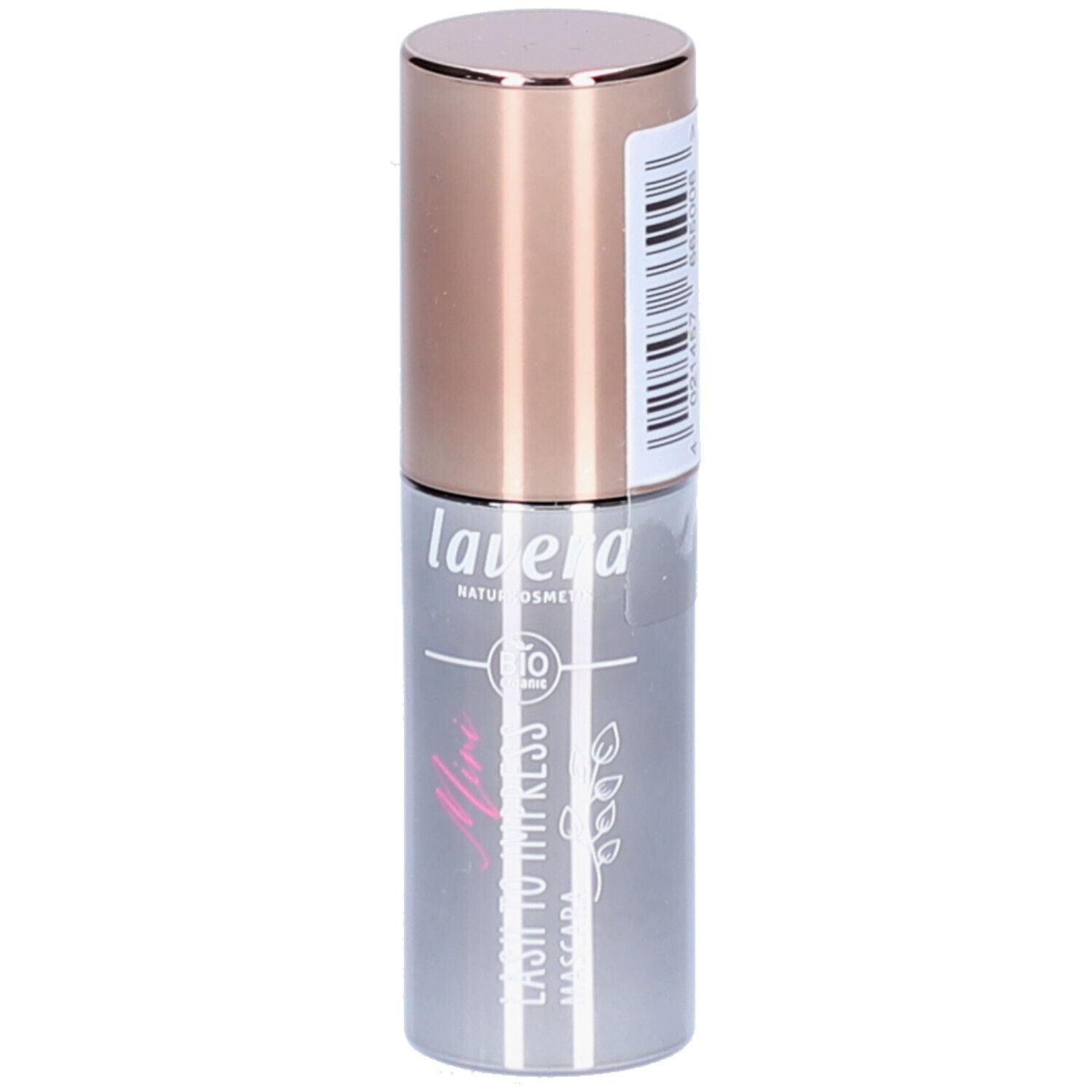 Tube de mascara cylindrique avec bouchon cuivré. Inscription : lavera, Lash To Impress, Mascara. Label bio, code-barres.
