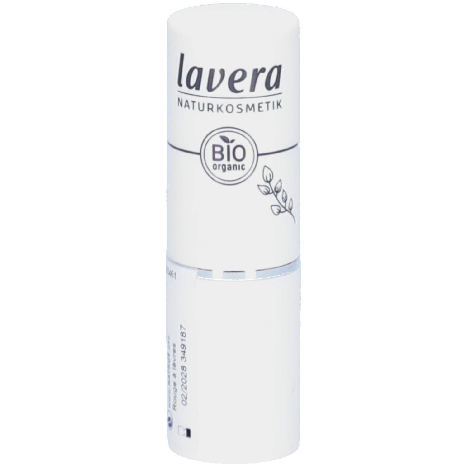 Tube de rouge à lèvres blanche avec impression. Marque : lavera. Impression : BIO organic. Nom du produit non visible.