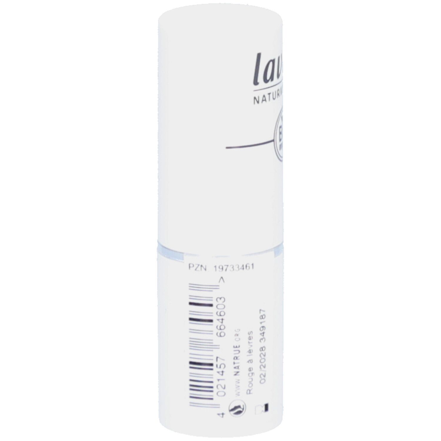 Tube de rouge à lèvres blanc. Marque : lavera. Impression : BIO organic. Code-barres et informations produit sur le côté.