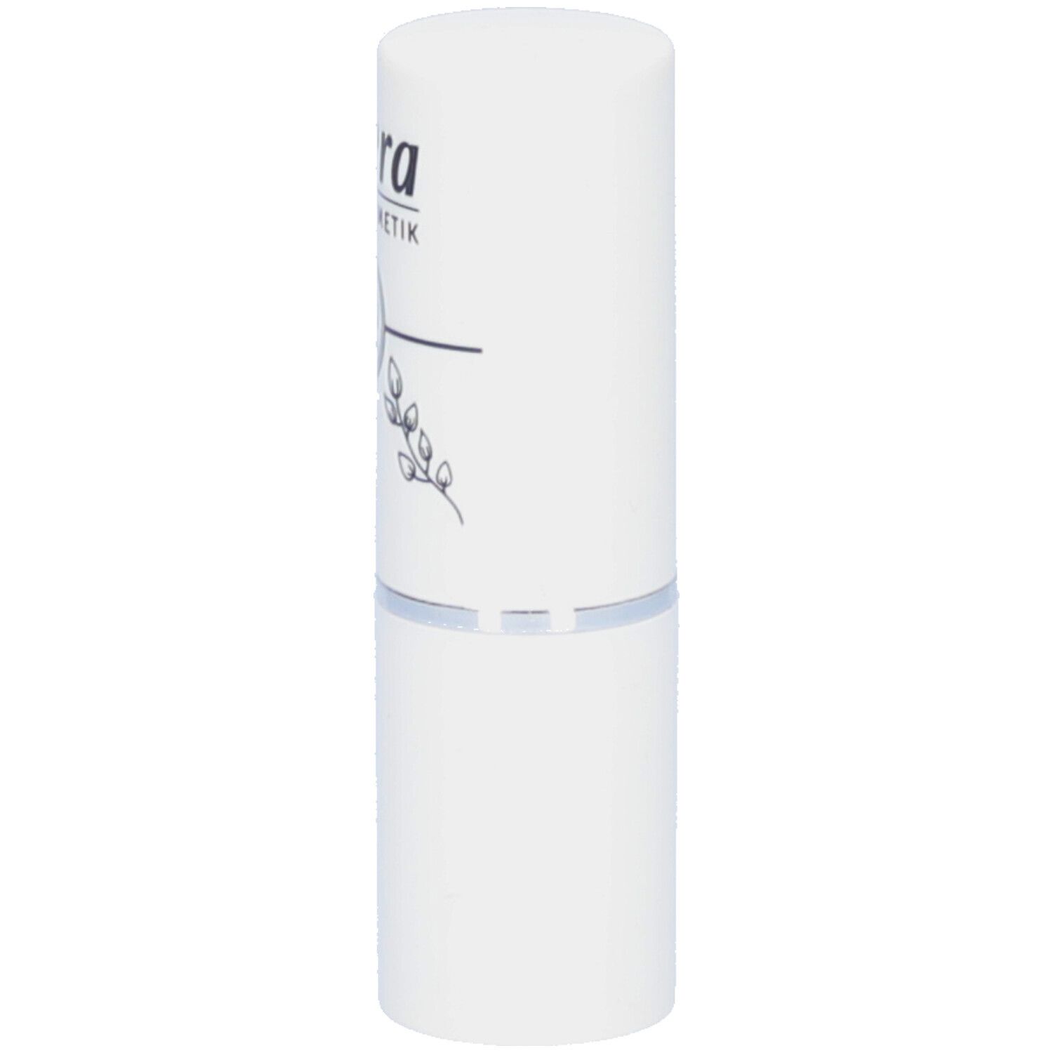 Tube de rouge à lèvres blanc. Marque : lavera. Impression : BIO organic. Nom du produit non visible.